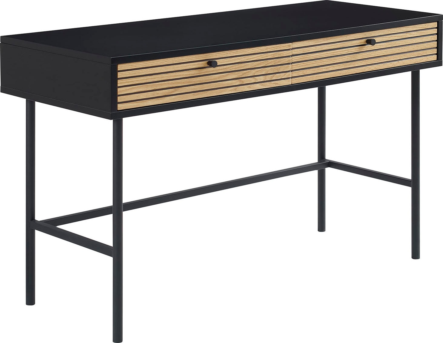 Schreibtisch SALESFEVER, schwarz (schwarz, natur, eiche, schwarz, schwarz), B:120cm H:75cm T:50cm, MDF, Eiche Echtholzfurnier, Metall, Tische, Schreibtisch, im Scandi Design, Konsolentisch
