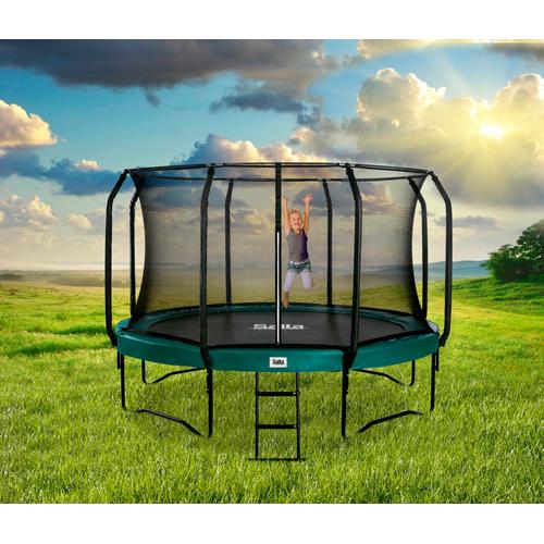 „Gartentrampolin SALTA „“First Class““ Trampoline Gr. Ø 427 cm, grün (schwarz, grün) Kinder Trampoline Schutzrand“