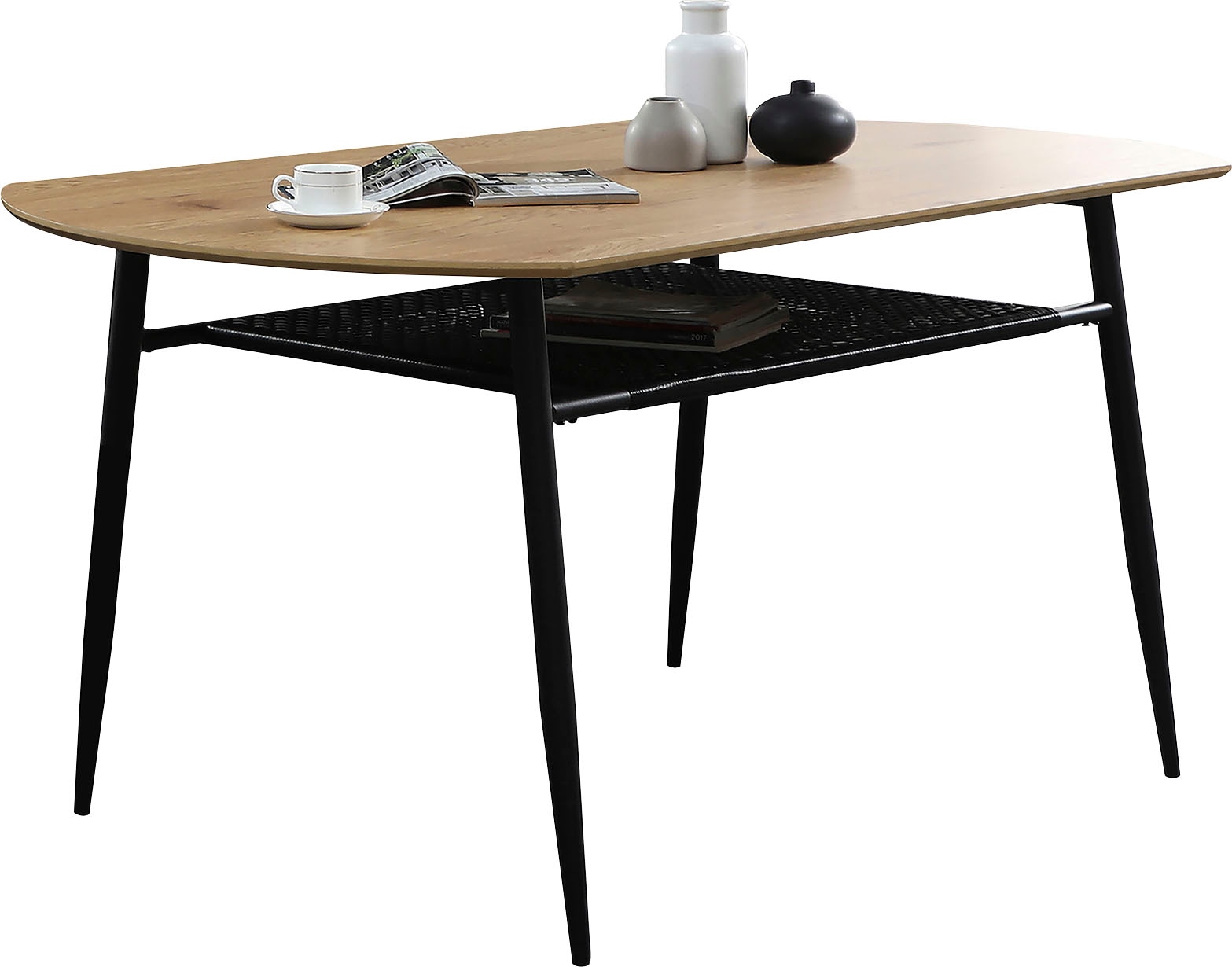 Esstisch SALESFEVER "Familienfreundlicher Tisch", schwarz (natur, schwarz, schwarz, natur, schwarz), B:180cm H:76cm T:90cm, Tische, Rechteckiger Esstisch Esstisch, Stilvolle Ablage aus Metall und Polyrattan