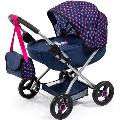Puppenwagen BAYER "Cosy, blau/Einhorn", bunt (blau, pink), Puppenwagen, KinderB:34cm H:58cm T:63cm, Kunststoff, Metall, Stoff, mit Wickeltasche, B:34cm H:58cm T:63cm