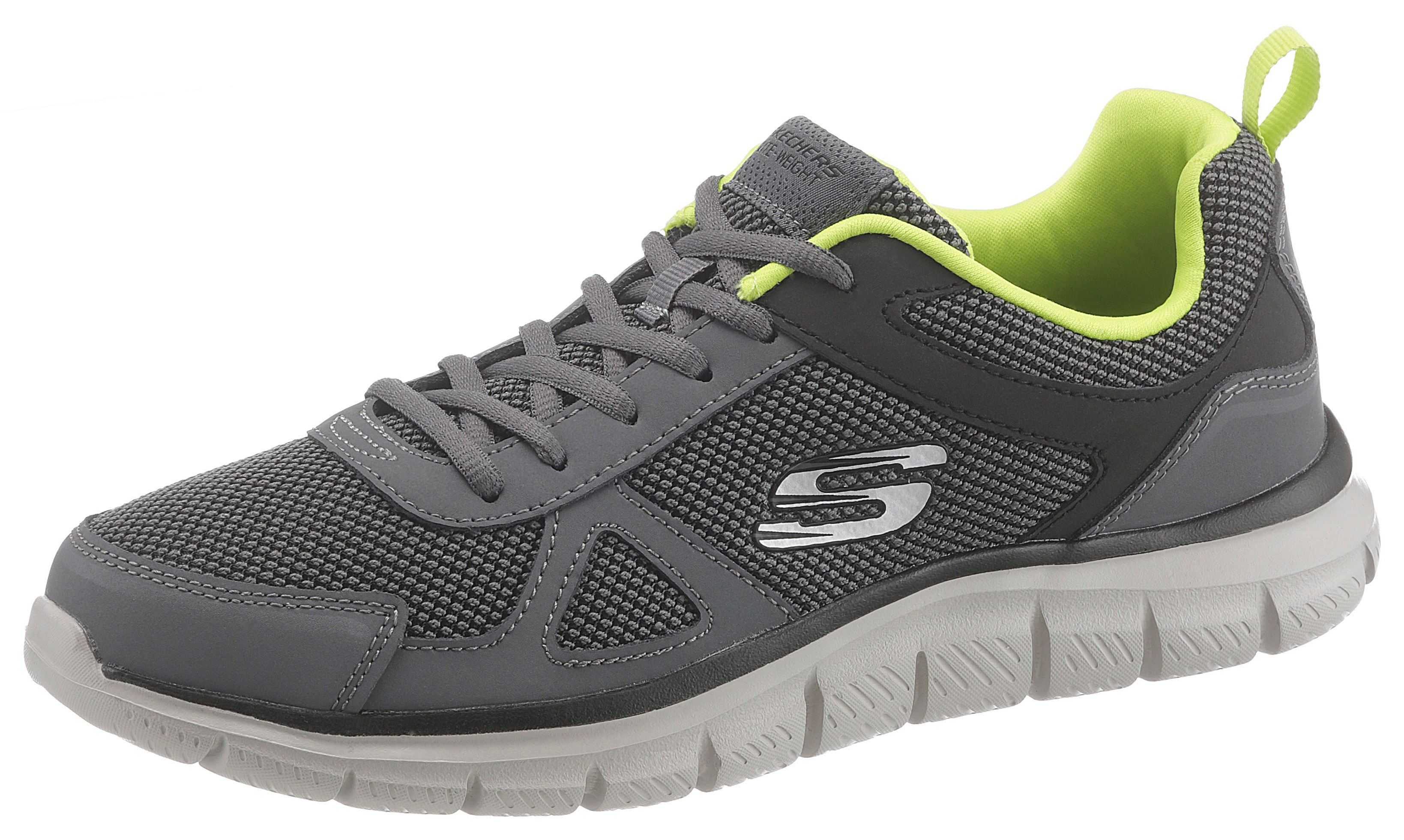 Sneaker SKECHERS "Track", Herren, Gr. 39, grau (grau schwarz), Leder, Textil, Schuhe Sneaker, mit seitlichem Logo, Freizeitschuh, Halbschuh, Schnürschuh