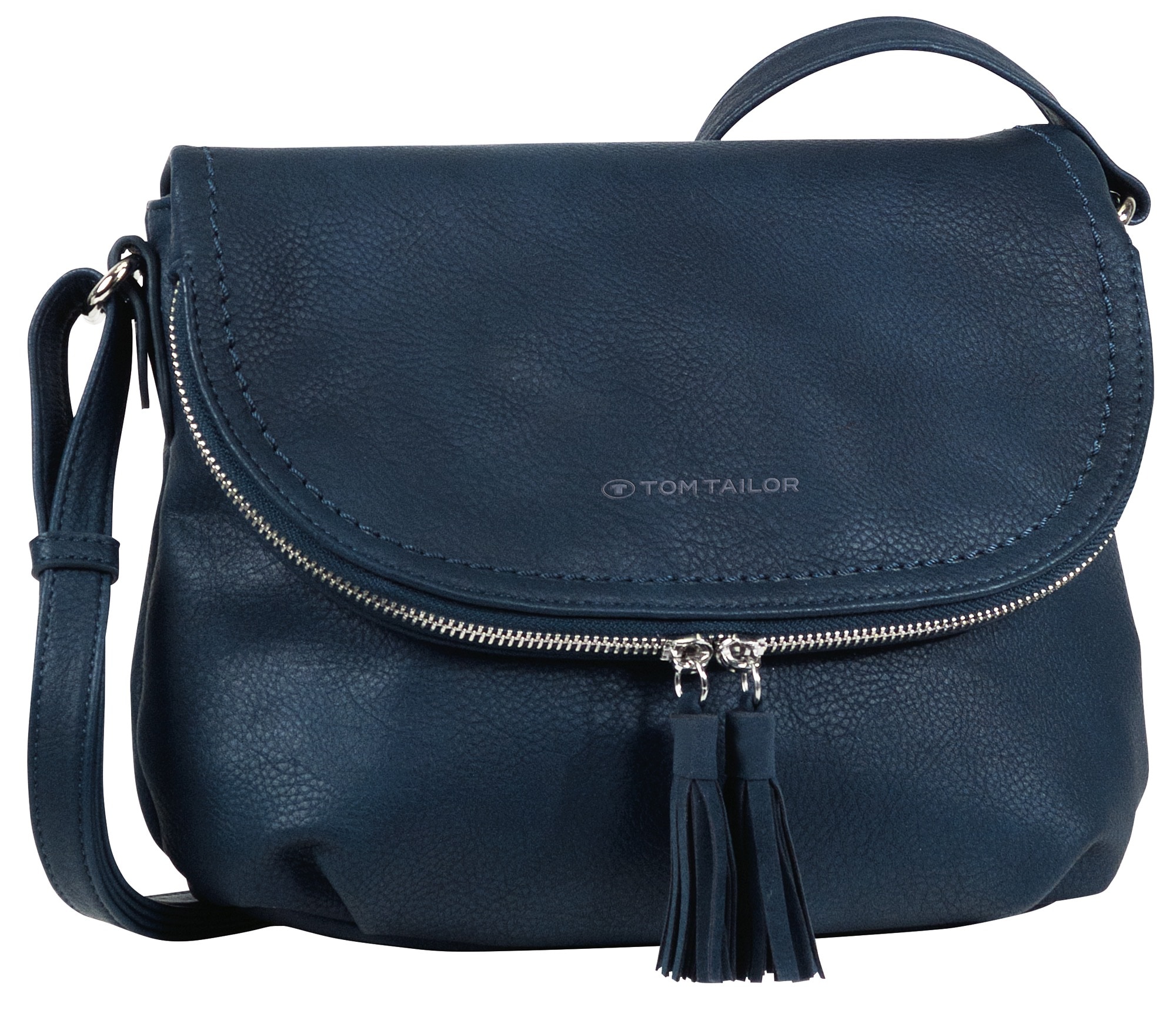 Umhängetasche TOM TAILOR "LARY", Damen, Gr. B/H/T: 29cm x 23cm x 7cm, blau (navy), Lederimitat, Taschen Umhängetasche, Crossbody Bag mit modischen Quasten am Zipper