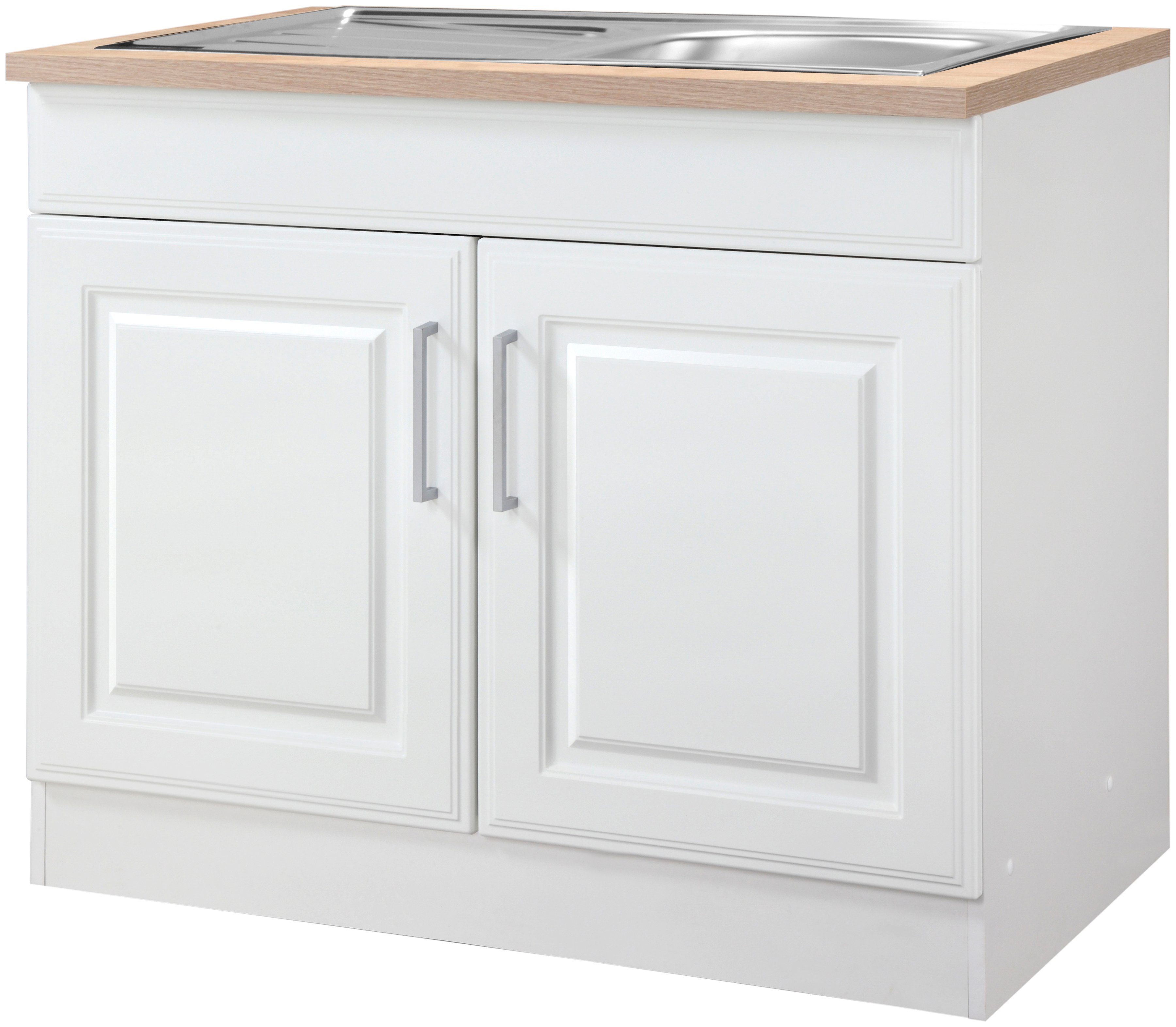 Spülenschrank KOCHSTATION "KS-Stockholm", weiß (weiß, weiß), B:100cm H:85cm T:60cm, Holzwerkstoff, MDF, Schränke, Spülenschrank, hochwertige MDF-Fronten