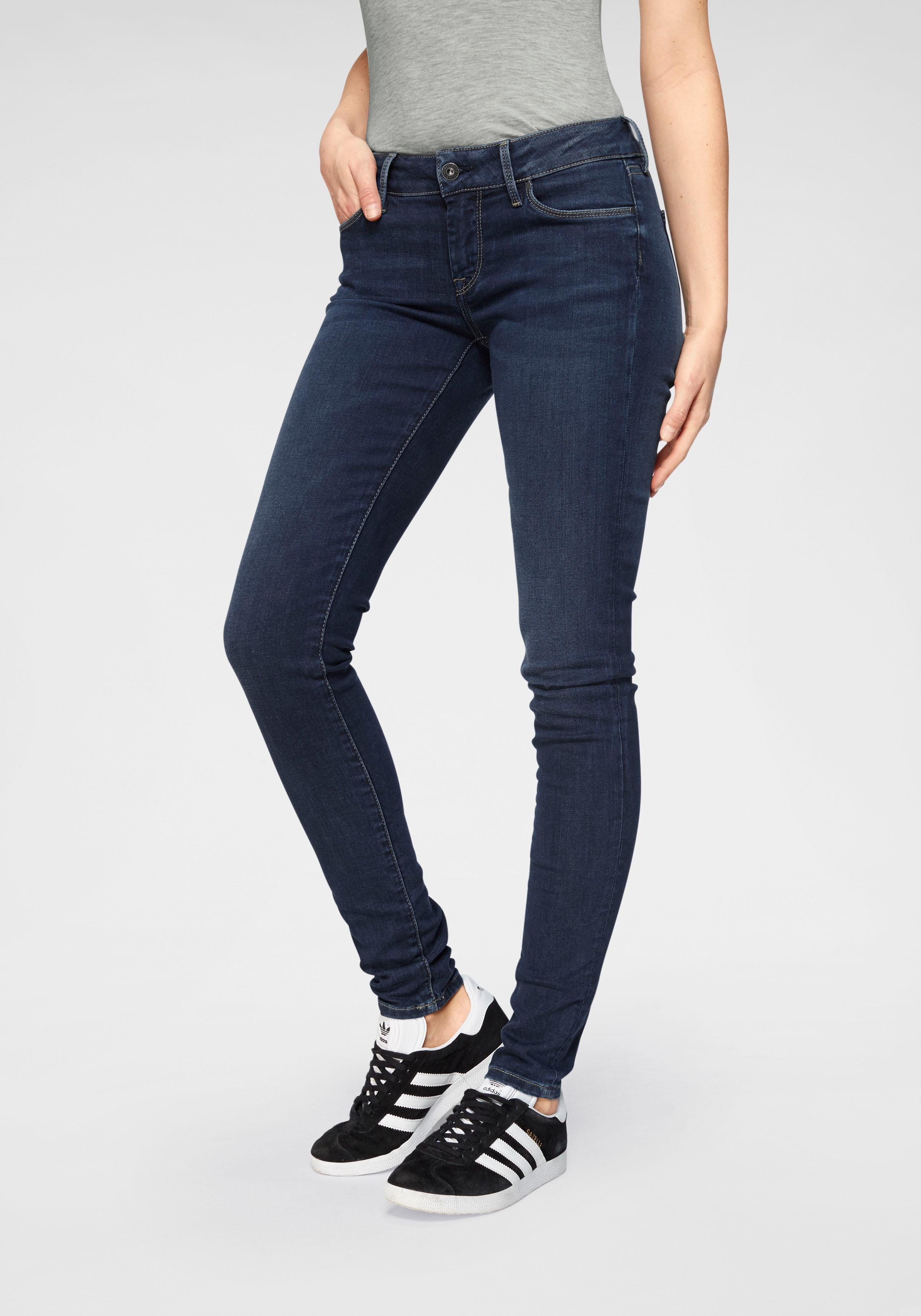 Skinny-fit-Jeans PEPE JEANS "SOHO", Damen, Gr. 32, Länge 30, blau (h45 schwarz used worn), Denim/Jeans, Obermaterial: 84% Baumwolle, 14% Polyester, 2% Elasthan, skinny fit lang, Jeans, im 5-Pocket-Stil mit 1-Knopf Bund und Stretch-Anteil