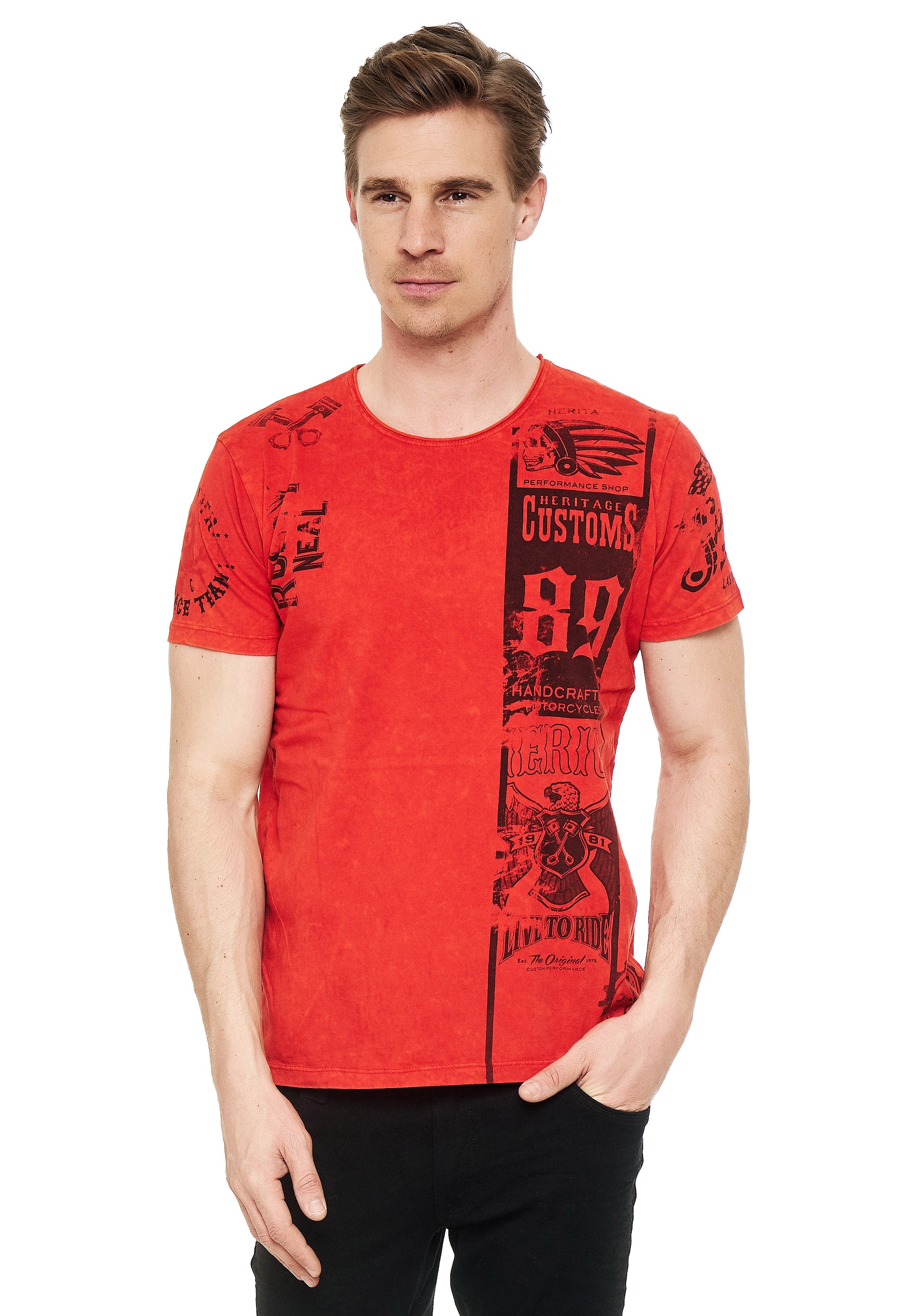 T-Shirt RUSTY NEAL, Herren, Gr. L, rot, 100% Baumwolle, bedruckt, normal, Rundhals, Shirts, mit modernem Print Image