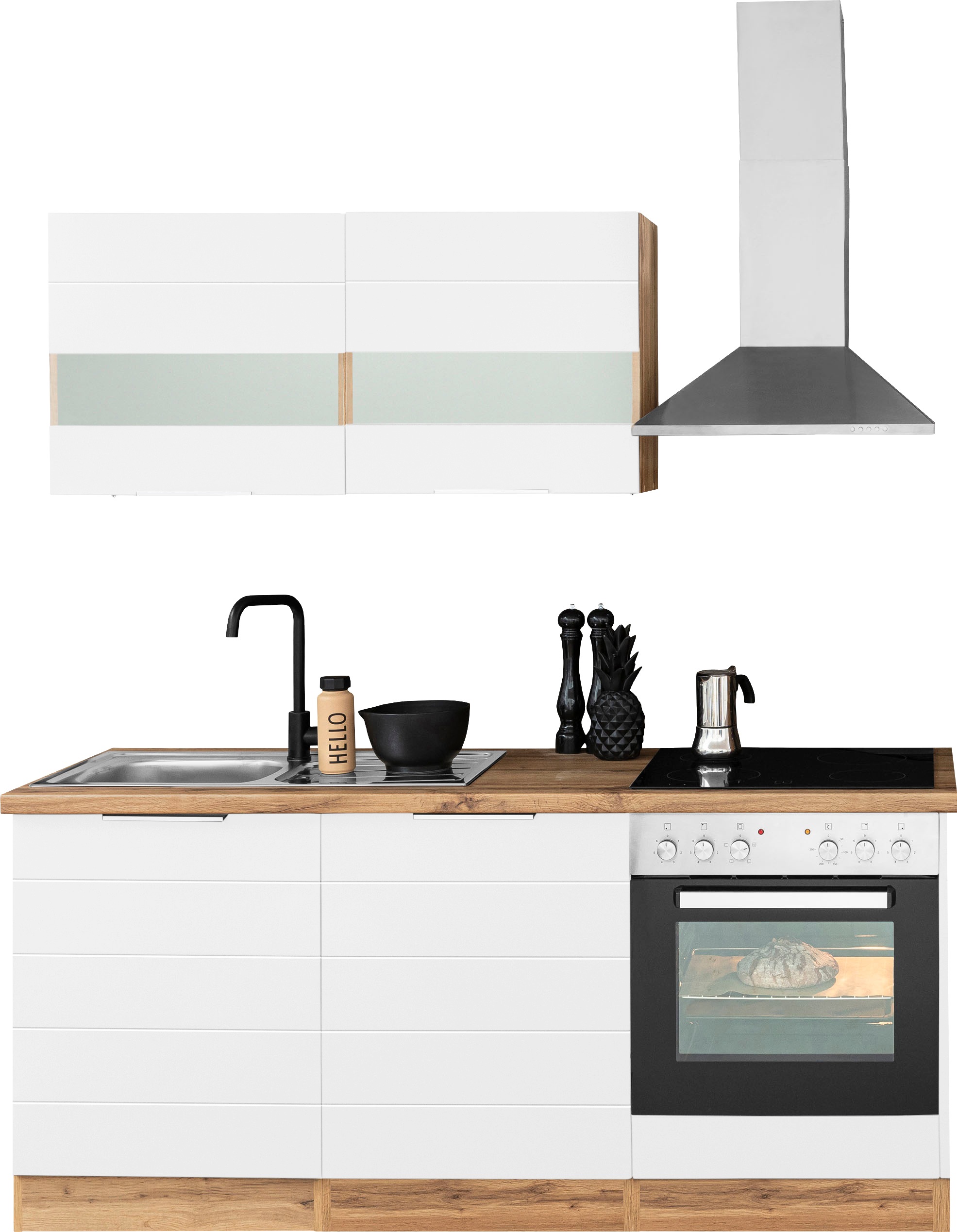 Küchenzeile KOCHSTATION "KS-Luhe", weiß (küche: weiß, front: weiß matt, korpus: wotaneichefarben, arbeitsplatte: wotaneichefarben), B:180cm T:60cm, Komplettküchen-Sets, Küchenzeile, 180 cm breit, wahlweise mit oder ohne E-Geräten, gefräste MDF-Fronten