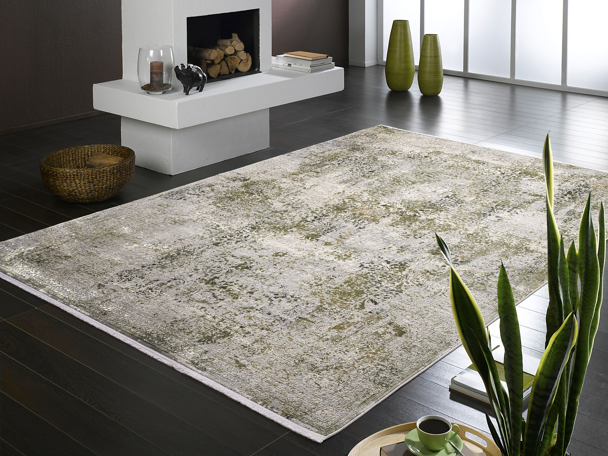 Teppich OCI DIE TEPPICHMARKE "BESTSELLER CAVA", grün (grün, grau), B:120cm H:8mm L:180cm, Kunstfaser, Viskose, Teppiche, Teppich, Glanz Viskose, mit Fransen, Hoch Tief Struktur, Vintage, Wohnzimmer