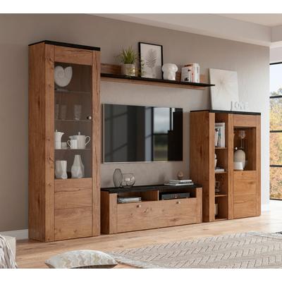 Wohnwand HOME AFFAIRE "Larona, Anbauwand, Set 4 Teilig", braun (eichefarben lefkas, schwarzwood), Kastenmöbel-Sets, bestehend aus 1 TV-Board, 1 Highboard, 1 Vitrine, 1 Wandregal, Topseller Image