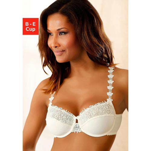 Bügel-BH NUANCE Gr. 80, Cup B, beige (creme) Damen BHs BH Bügel-BH Dirndl-BH Hochzeitsdessous Hochzeitswäsche Spitzen-BH Spitzenwäsche Balconette-BH Trachtenwäsche mit schöner Stickereispitze am Obercup und den Trägern, Dessous