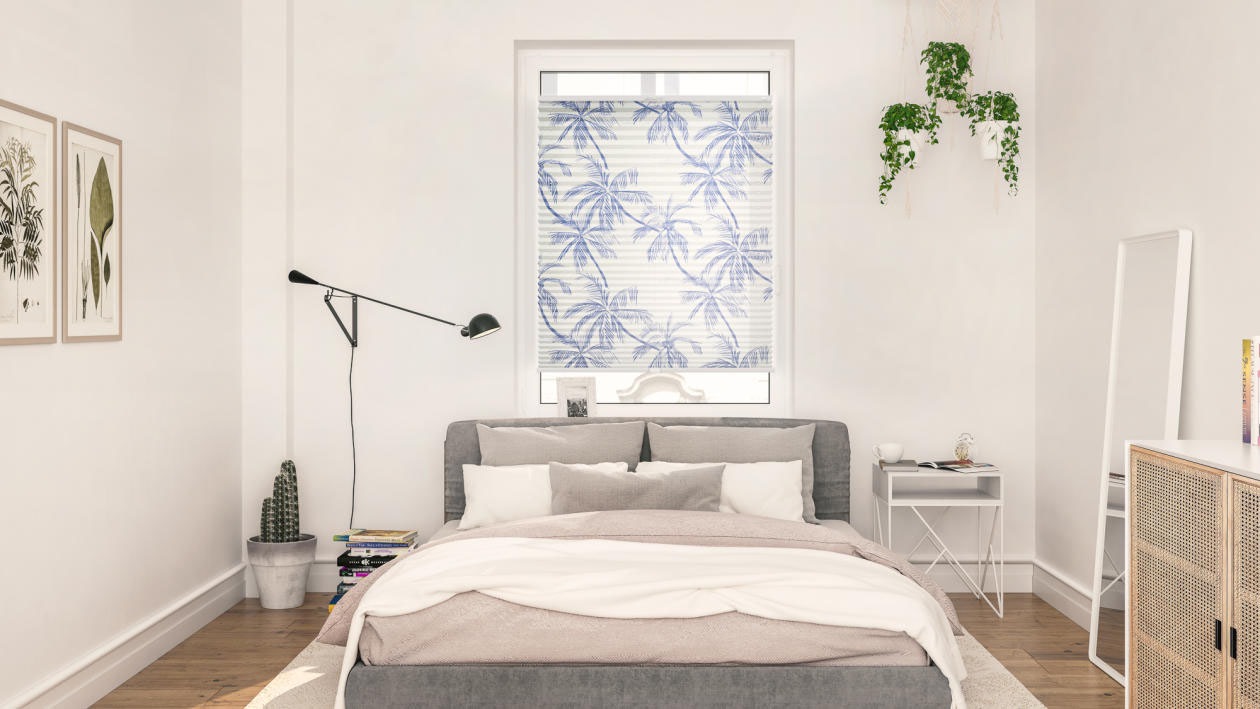 Plissee LICHTBLICK ORIGINAL "Plissee Klemmfix, ohne Bohren, blickdicht, Blueprint Palms - Blau", blau (blau, weiß, weiß), B:80cm H:130cm, Obermaterial: 100% Polyester, Plissees