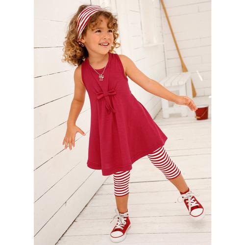 Kleid, Leggings & Haarband KIDSWORLD Gr. 104/110, rot (rot, weiß) Mädchen KOB Set-Artikel Spar-Sets Capri und Haarband maritim geringelt