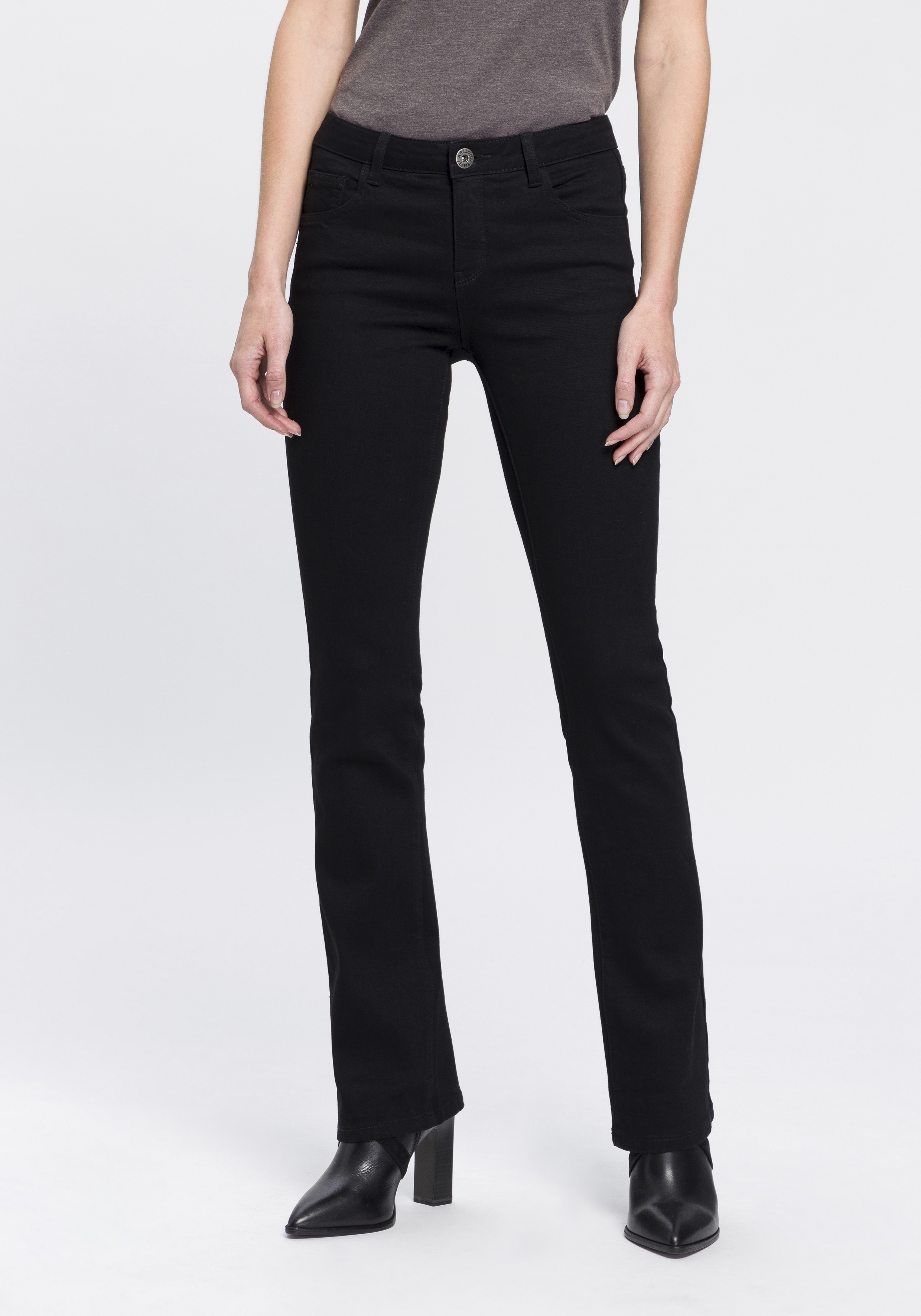 Bootcut-Jeans ARIZONA "Ultra-Stretch", Damen, Gr. 17, K + L Gr, schwarz (schwarz schwarz), Denim/Jeans, Obermaterial: 74% Baumwolle, 24% Polyester, 2% Elasthan, Basic, extraeng lang, Jeans, normale Passform, Baby-Bootcut, Used-Look-Waschung
