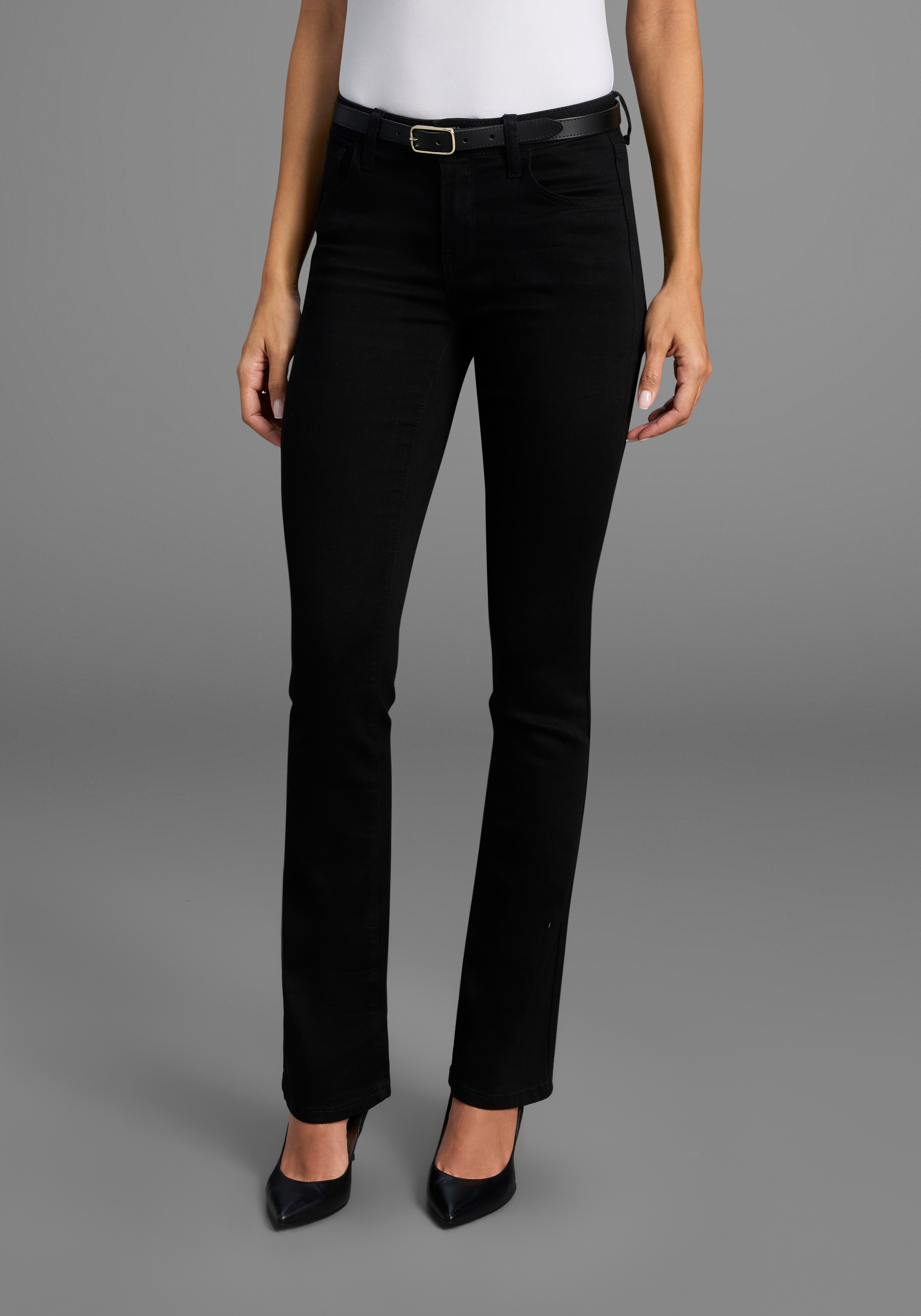 Bootcut-Jeans ARIZONA "Ultra-Stretch", Damen, Gr. 22, K + L Gr, schwarz (schwarz schwarz), Denim/Jeans, Obermaterial: 74% Baumwolle, 24% Polyester, 2% Elasthan, Basic, extraeng lang, Jeans, normale Passform, Baby-Bootcut, Used-Look-Waschung