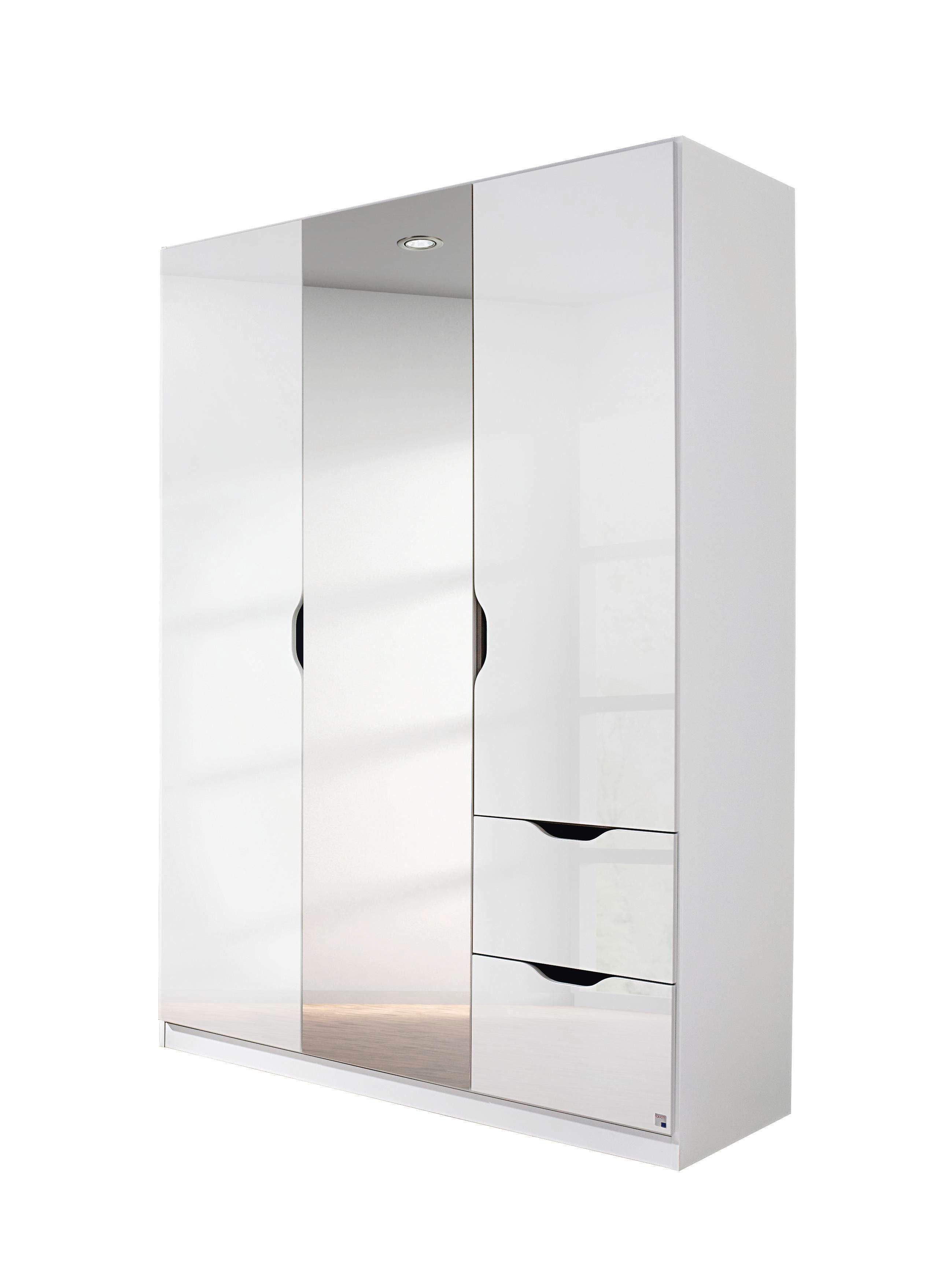 Kleiderschrank RAUCH "Freiham Drehtürenschrank Garderobe BESTSELLER", weiß (weiß hochglanz), B:136cm H:197cm T:54cm, Holzwerkstoff, Schränke, mit Spiegel und Schubkästen, Griffmulden, Schlafzimmerschrank Schrank Image