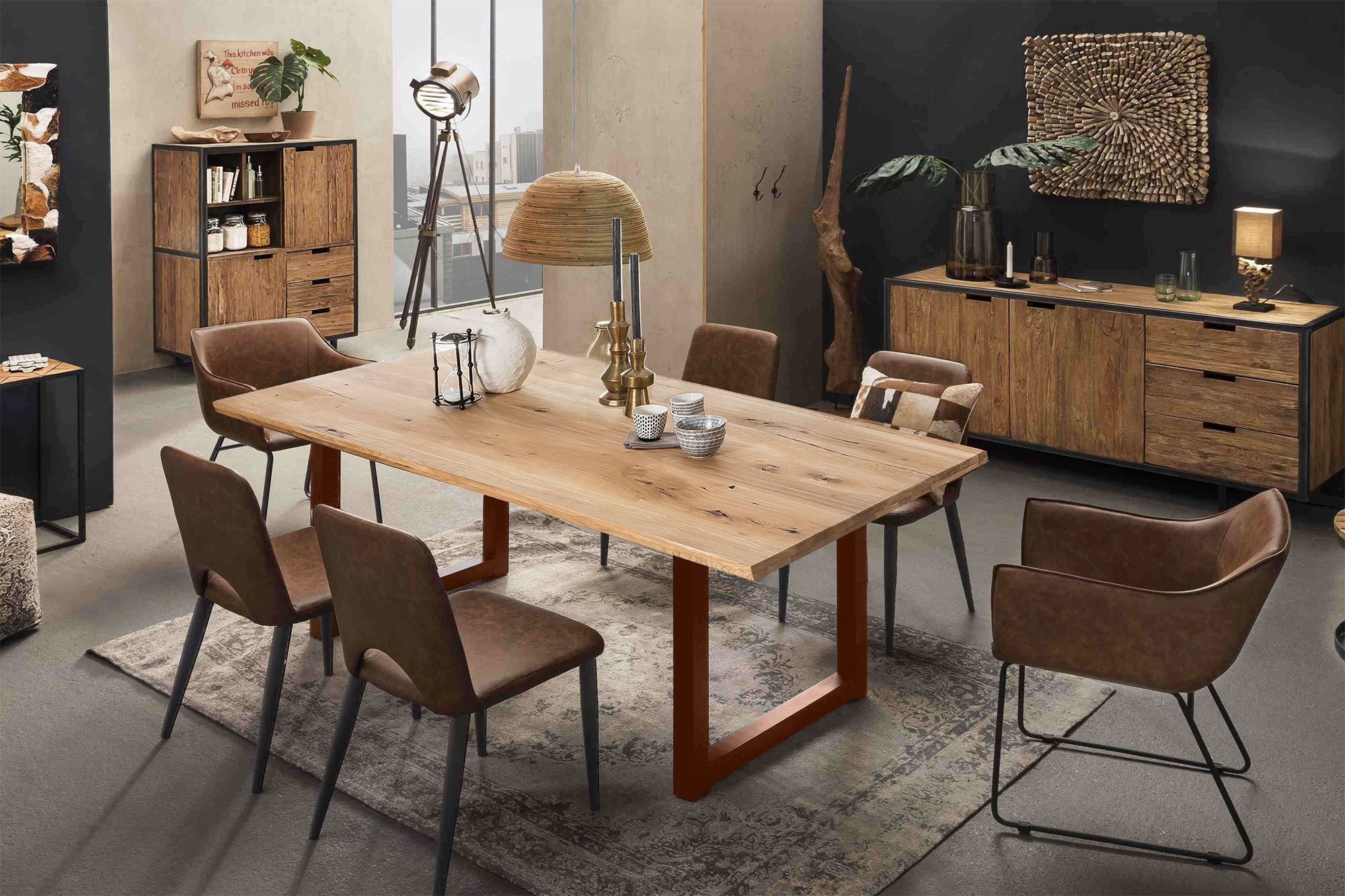 Esstisch SIT, braun (natur, antikbraun, antikbraun, natur), B:180cm H:75cm T:100cm, Platte Wildeiche geölt, Gestell Metall, Tische, Rechteckiger Esstisch Esstisch Holz-Esstische, Kufengestell im industriellen Antiklook