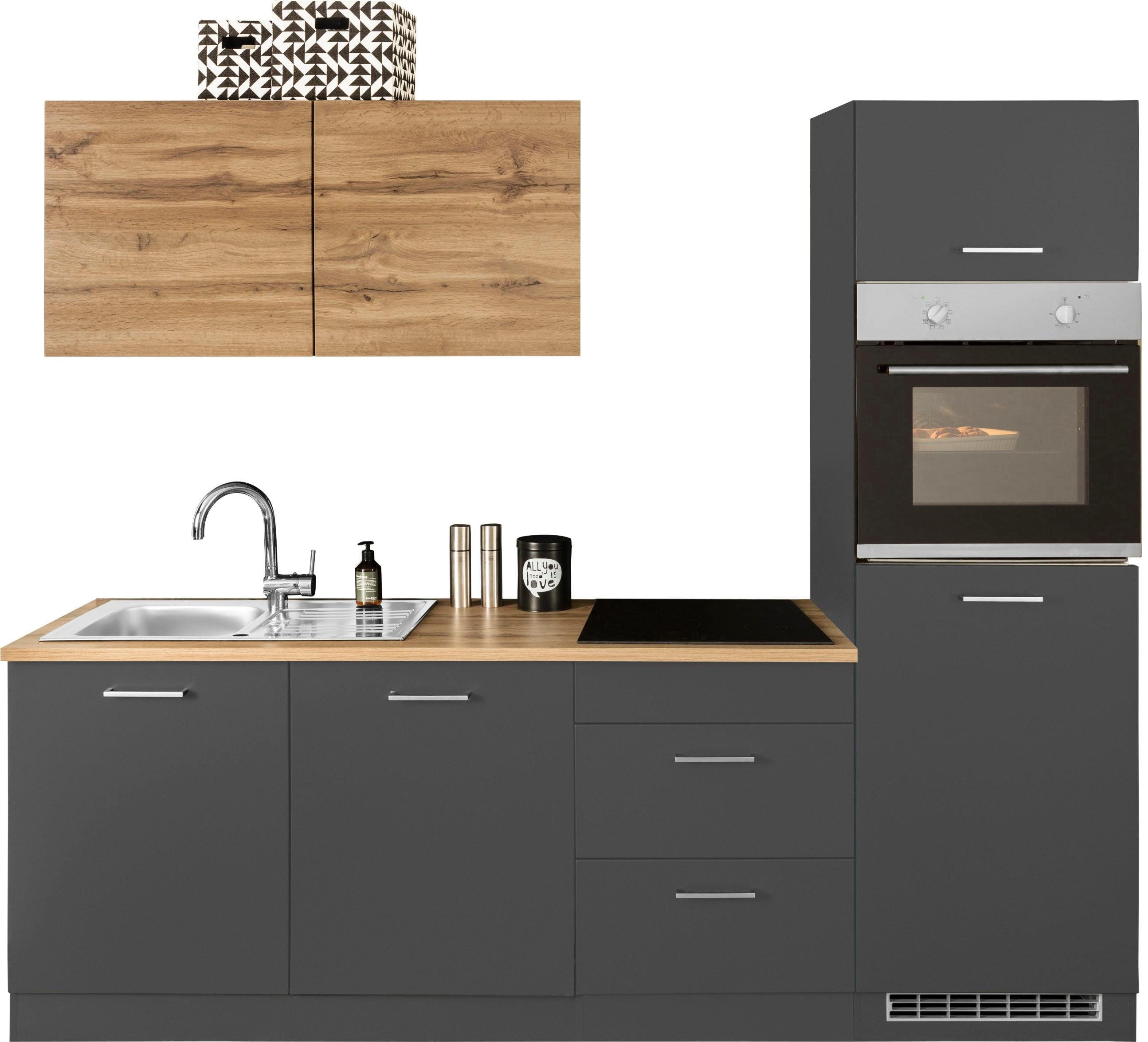 Küchenzeile KOCHSTATION "KS-Kehl", küche: grau, korpus: grafit, arbeitsplatte: wotaneichefarben, B:240cm T:60cm, Komplettküchen-Sets, ohne E-Geräte, Breite 240 cm, für Kühlschrank und Geschirrspüler Image