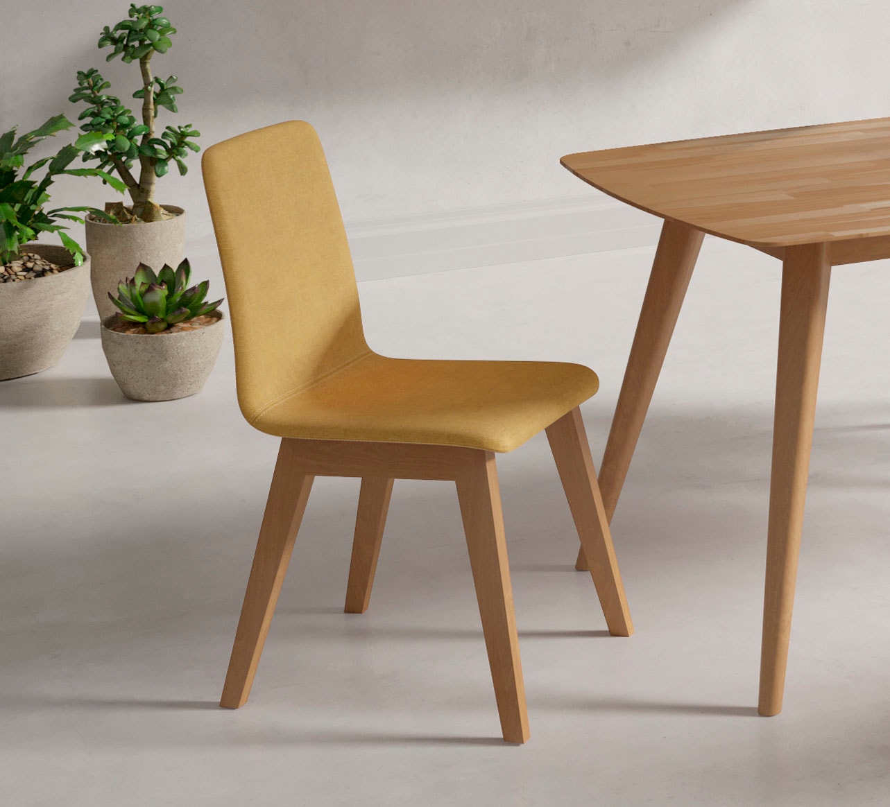 Stuhl INOSIGN "Sandy", gelb (gelb, buche), B:47cm H:88cm T:56cm, Polyester, Stühle, Polsterstuhl Esszimmerstuhl 4-Fuß-Stuhl, mit verschiedenen Stuhlbeinfarben und Farbvarianten, Sitzhöhe 47 cm