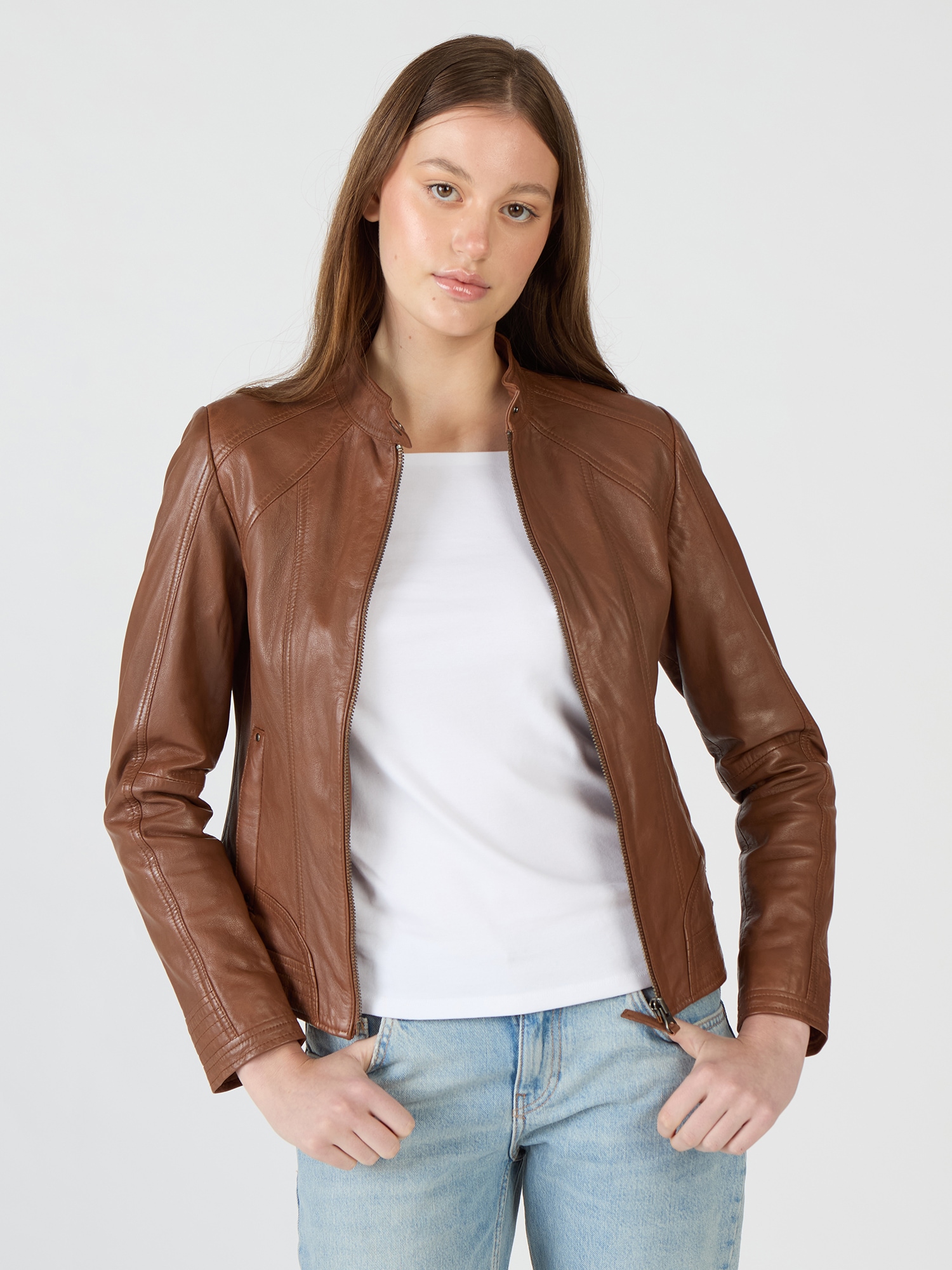 Lederjacke MUSTANG "Blanca", Damen, Gr. M, braun (cognac), Obermaterial: 100% Lammleder. Futter: 100% Baumwolle. Ärmelfutter: 100% Polyester, Jacken Image