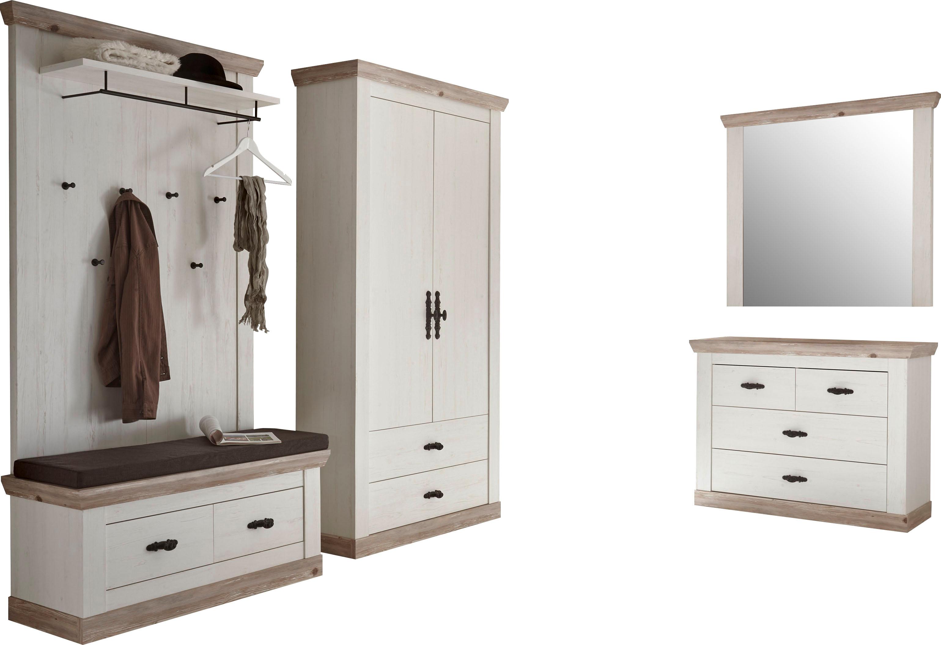 Garderoben-Set HOME AFFAIRE "Florenz", weiß (pinie weiß), B/H/T: 341cmcm, Mit Sitzkissen, Kastenmöbel-Sets, bestehend aus Bank, Paneel, Kommode, Spiegel und Stauraumschrank