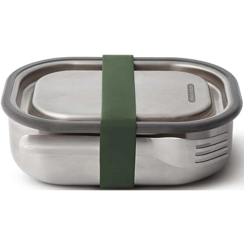 Lunchbox BLACK+BLUM, grün (oliv), B:13cm H:6cm L:18cm, Edelstahl, Lebensmittelaufbewahrungsbehälter, (3-in1), auslaufsicher, mit Silikon-Ventil, Gabel und Gurt, 600 ml