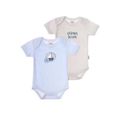Body LILIPUT "Ocean Lover", Baby, Gr. 86/92, EURO-Größen, blau (hellblau, grau), 100% Baumwolle, bedruckt, gestreift, kurz, Rundhals, Kurzarm, Bodies, im 2er-Pack mit süßen Ozean-Motiven Image