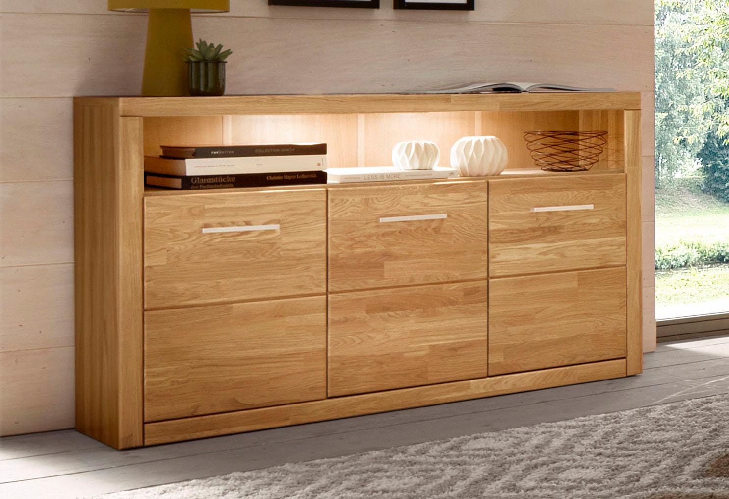 Sideboard HOME AFFAIRE "Ribe,130cm breit, Fronten Massivholz,7 Fächer", braun (eiche teilmassiv), B:130cm H:80cm T:35cm, Holz, Holz teilmassiv, Plastik, Sideboards, Holz massiv, Holzwerkstoff, Metall Griffe,3 Türen