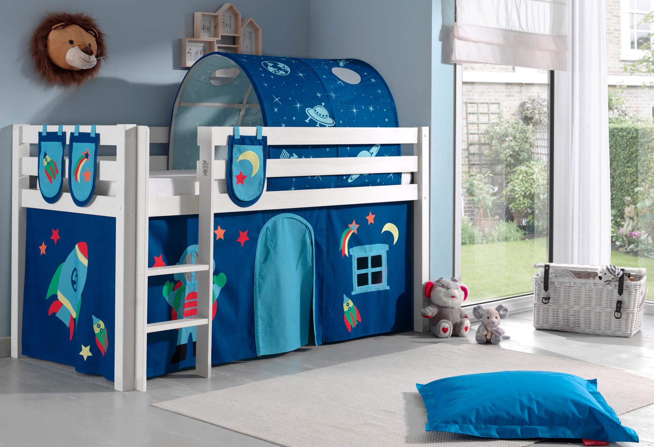 Hochbett VIPACK "Pino, Spielbett massiv Kiefer, stabil gebaut, 3 Korpusfarben zur Wahl", weiß (weiß lackiert, astronaut), B:106cm H:214cm L:210cm, Hochbetten, Hochbett, Textil-Set "Astronaut", inkl. Vorhang, mit oder ohne Tunnel