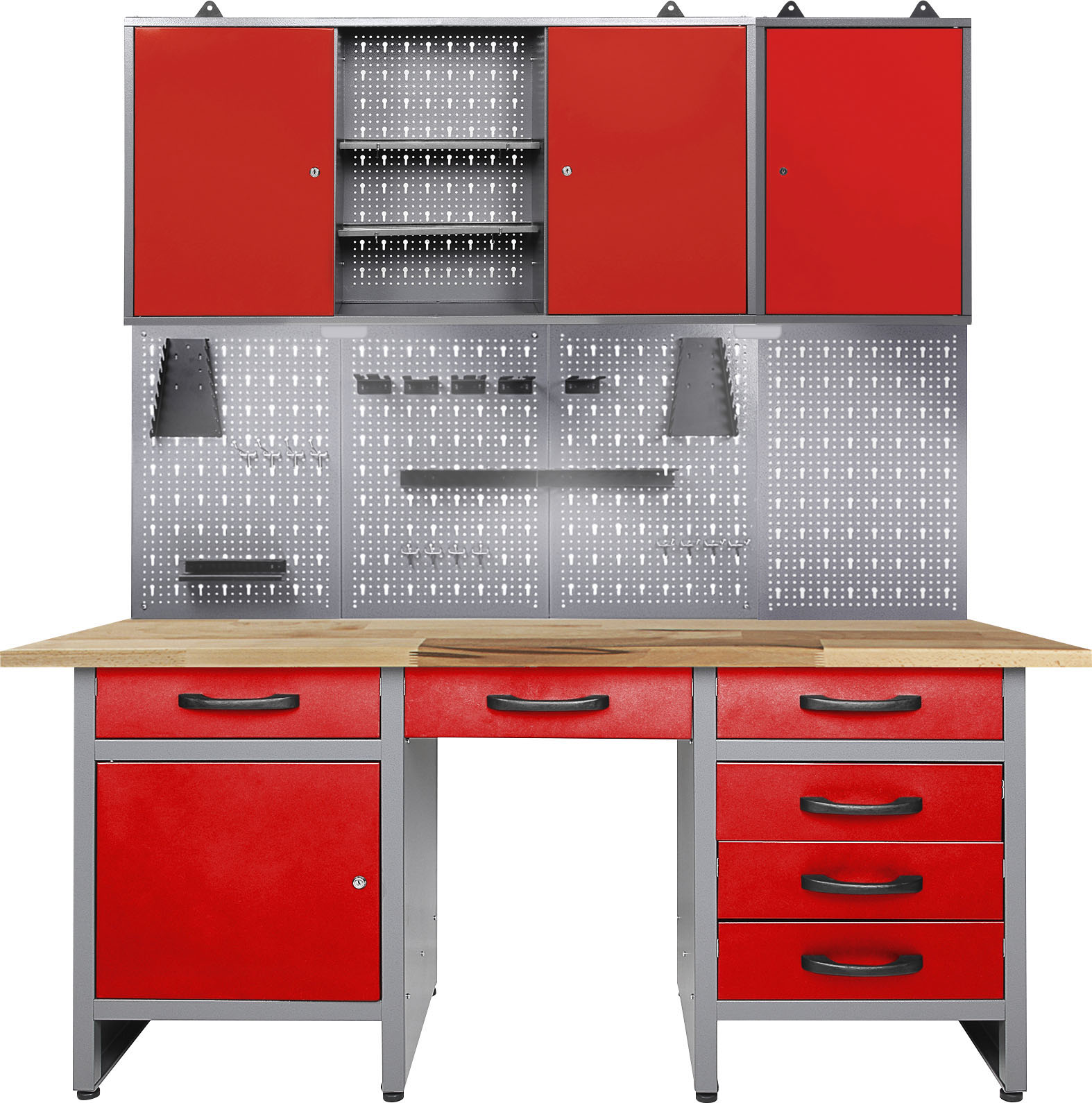 Werkstatt-Set ONDIS24 "Fritz", rot (anthrazit, rot), B:160cm H:205cm T:60cm, Metall, Werkbänke, Werkbank mit Lochwand & 2 Werkstattschränken