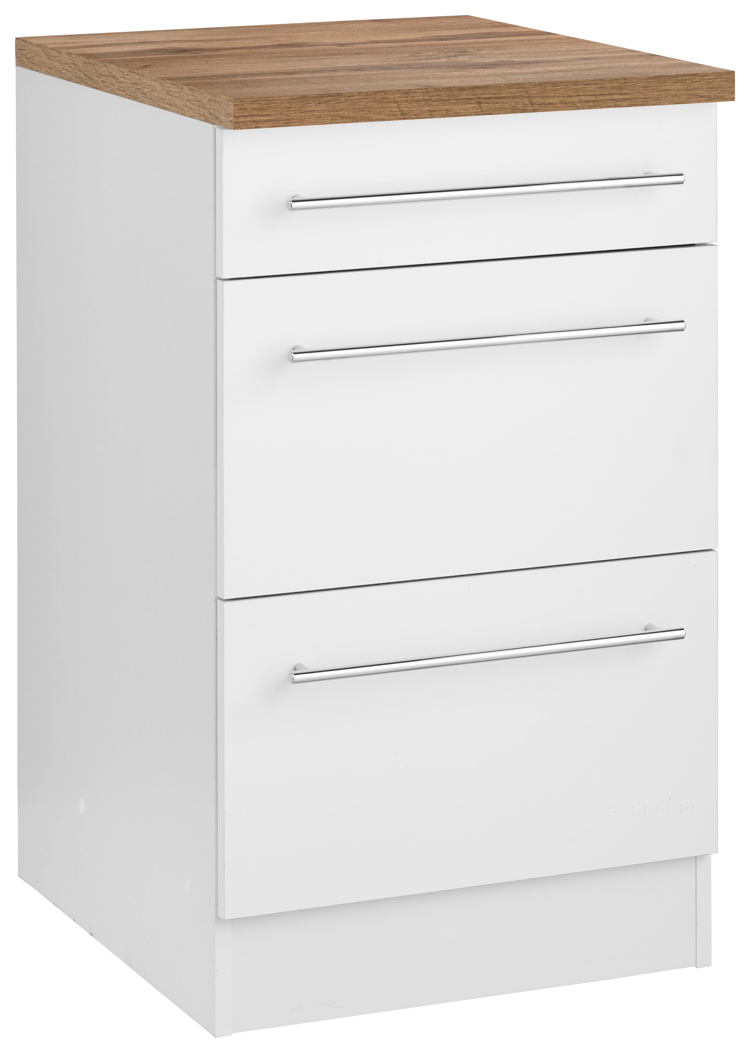 Unterschrank KOCHSTATION "KS-Samos", weiß (weiß, wotaneichefarben), B:50cm H:85cm T:60cm, Schränke, Unterschrank, 50 cm breit, mit 2 großen Auszügen