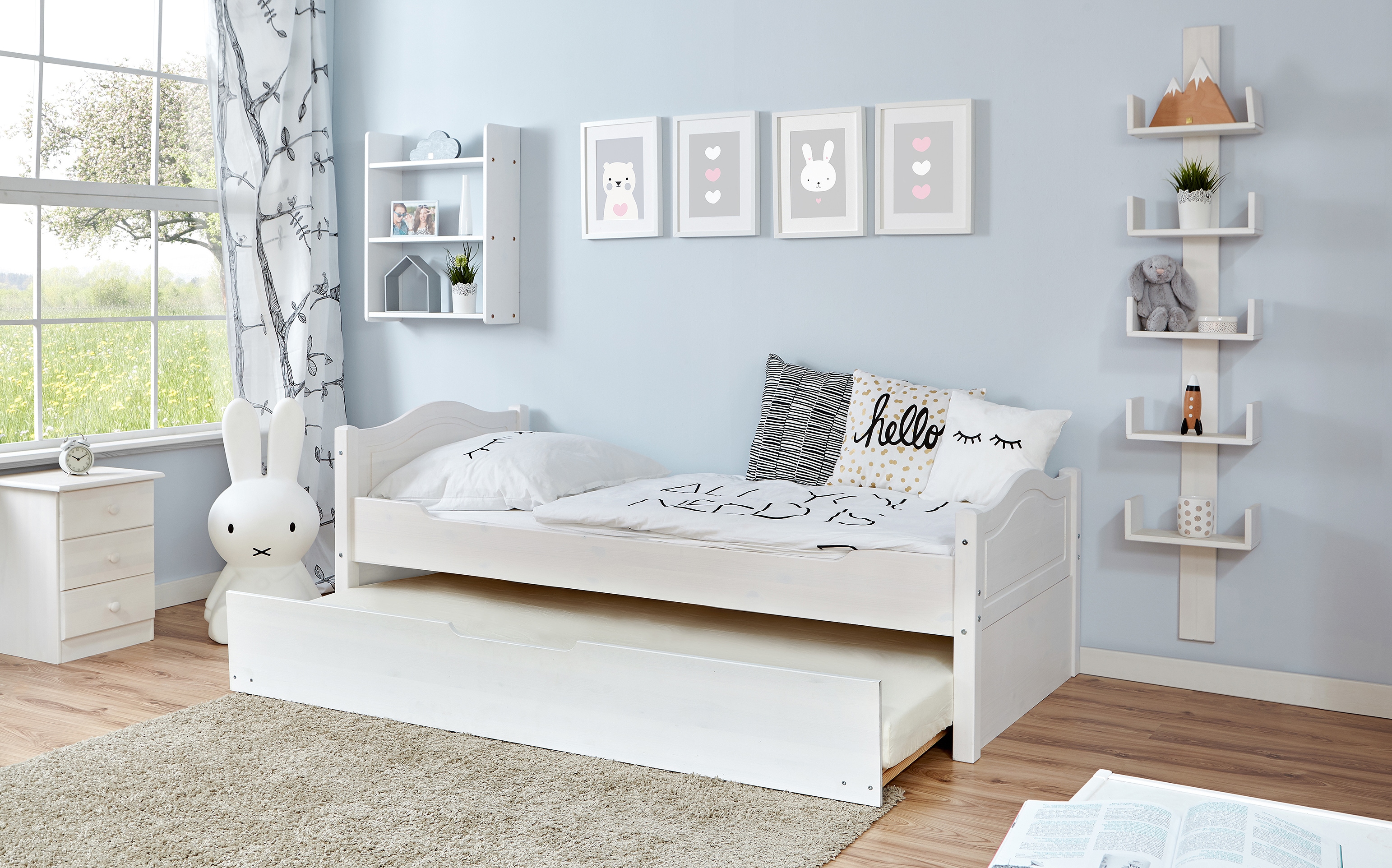 Jugendbett TICAA "Leni", weiß, B:109cm H:78cm L:211cm, Betten, Kinder-Einzelbett Massivholzbett, Einzelbett, inkl. Zusatzbett und Rollrost