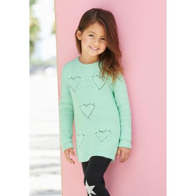 Strickpullover KIDSWORLD "Pulli für kleine Mädchen", Mädchen, Gr. 128/134, grün (mint), Strick, Obermaterial: 90% Polyacryl, 10% Polyamid, unifarben, modisch, Basic Po-bedeckend, Rundhals, Langarm Strickbündchen, Pullover, gestricktem Herzchenmuster Image