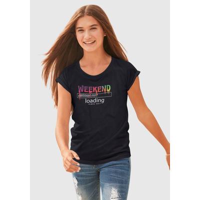 T-Shirt KIDSWORLD "WEEKEND loading...please wait", Mädchen, Gr. 140/146, schwarz, Jersey, Obermaterial: 100% Baumwolle, bedruckt, modisch, weit hüftbedeckend, Rundhals, Kurzarm Aufschlag, Shirts, Kurzarm, weite Passform, bedruckte Optik,... Image