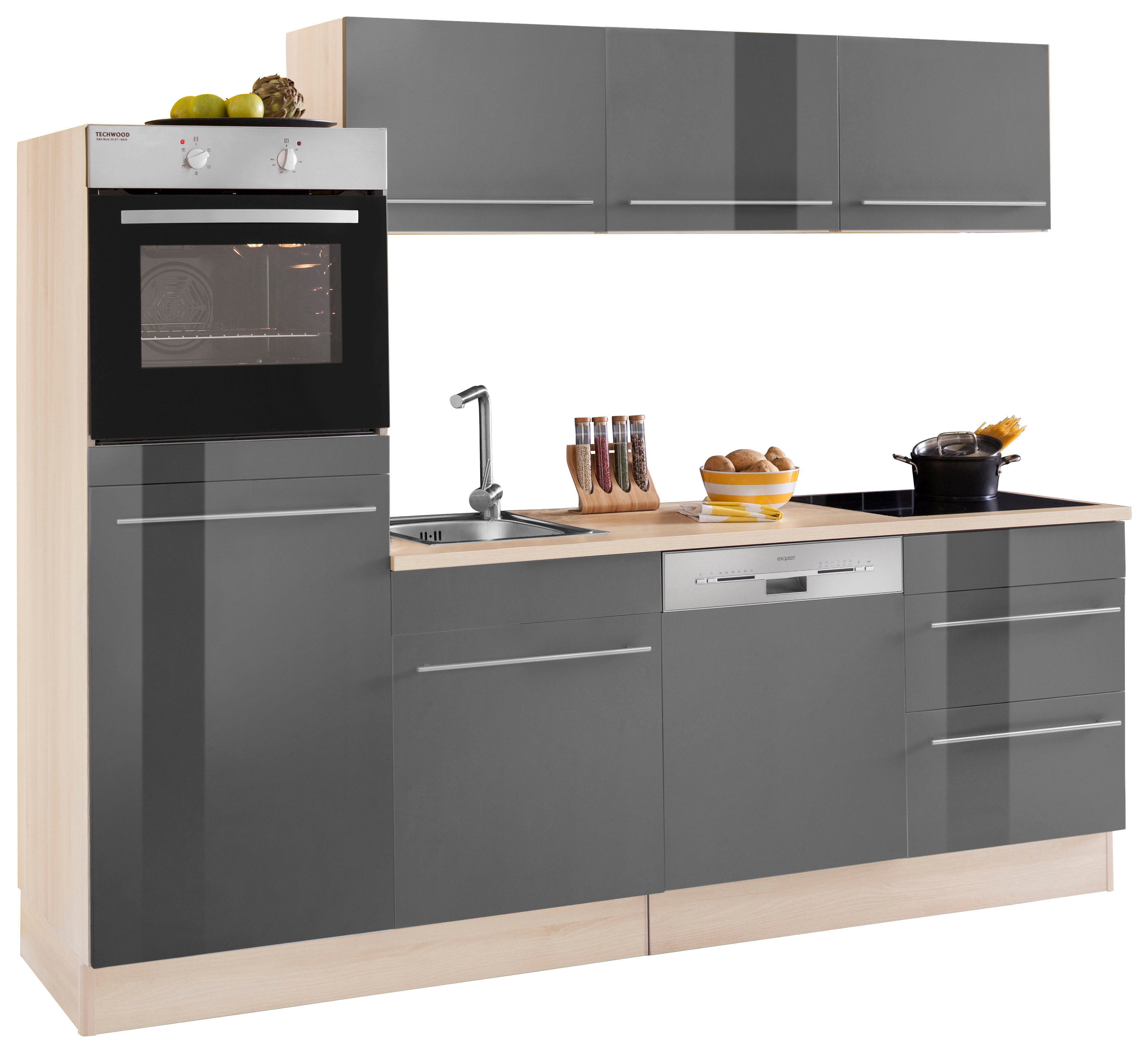 Küche OPTIFIT "Bern", grau (küche: grau, front: basaltgrau, korpus: akaziefarben, arbeitsplatte: akaziefarben), B:240cm T:60cm, Komplettküchen-Sets, Breite 240 cm, ohne E-Geräte, Stärke der Arbeitsplatte wählbar Image