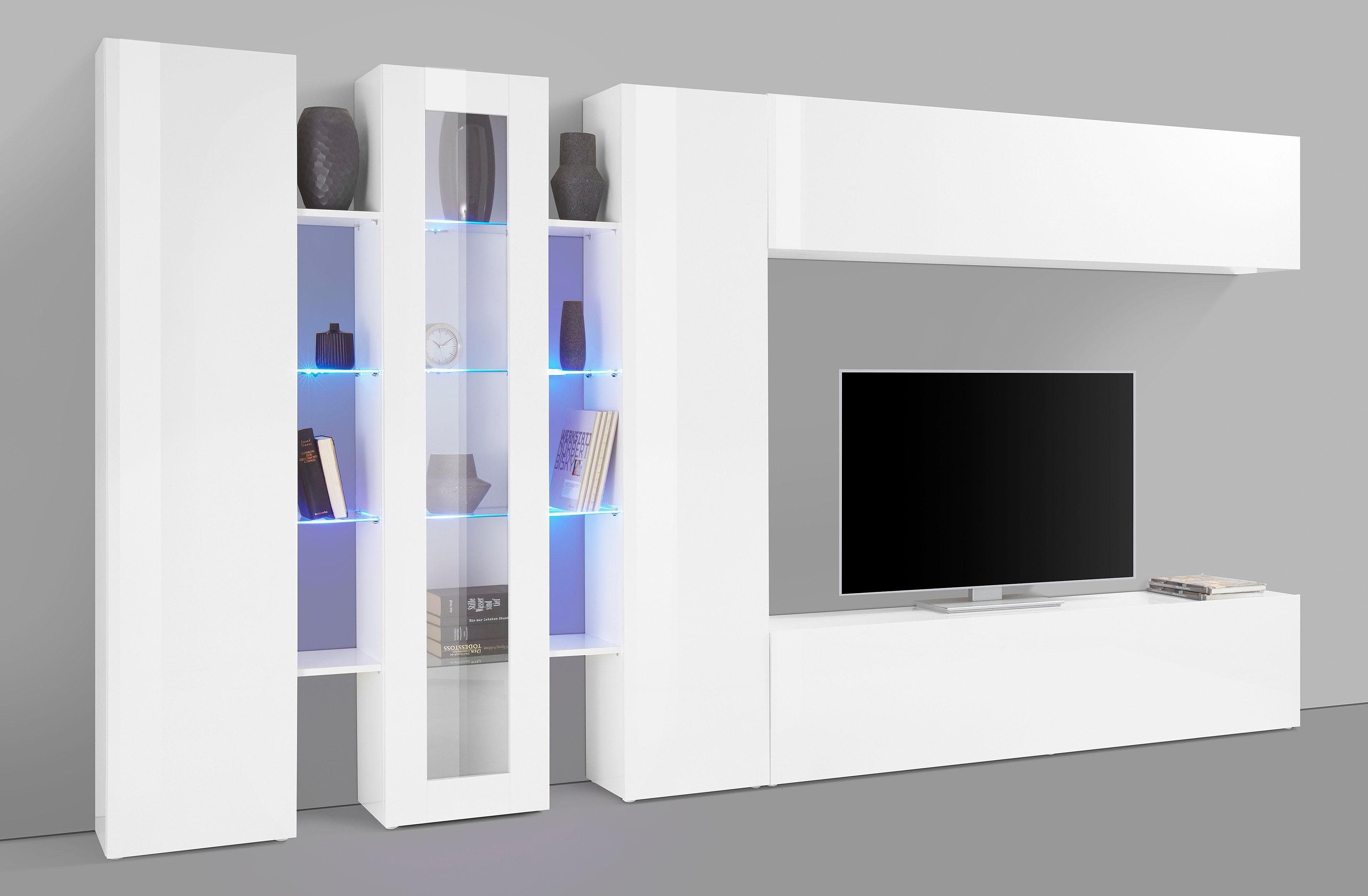 Wohnwand INOSIGN "Maruska", weiß (weiß hochglanz), B:340cm H:180cm T:30cm, Holzwerkstoff, Kastenmöbel-Sets, Front/ Korpus weiß Hochglanz