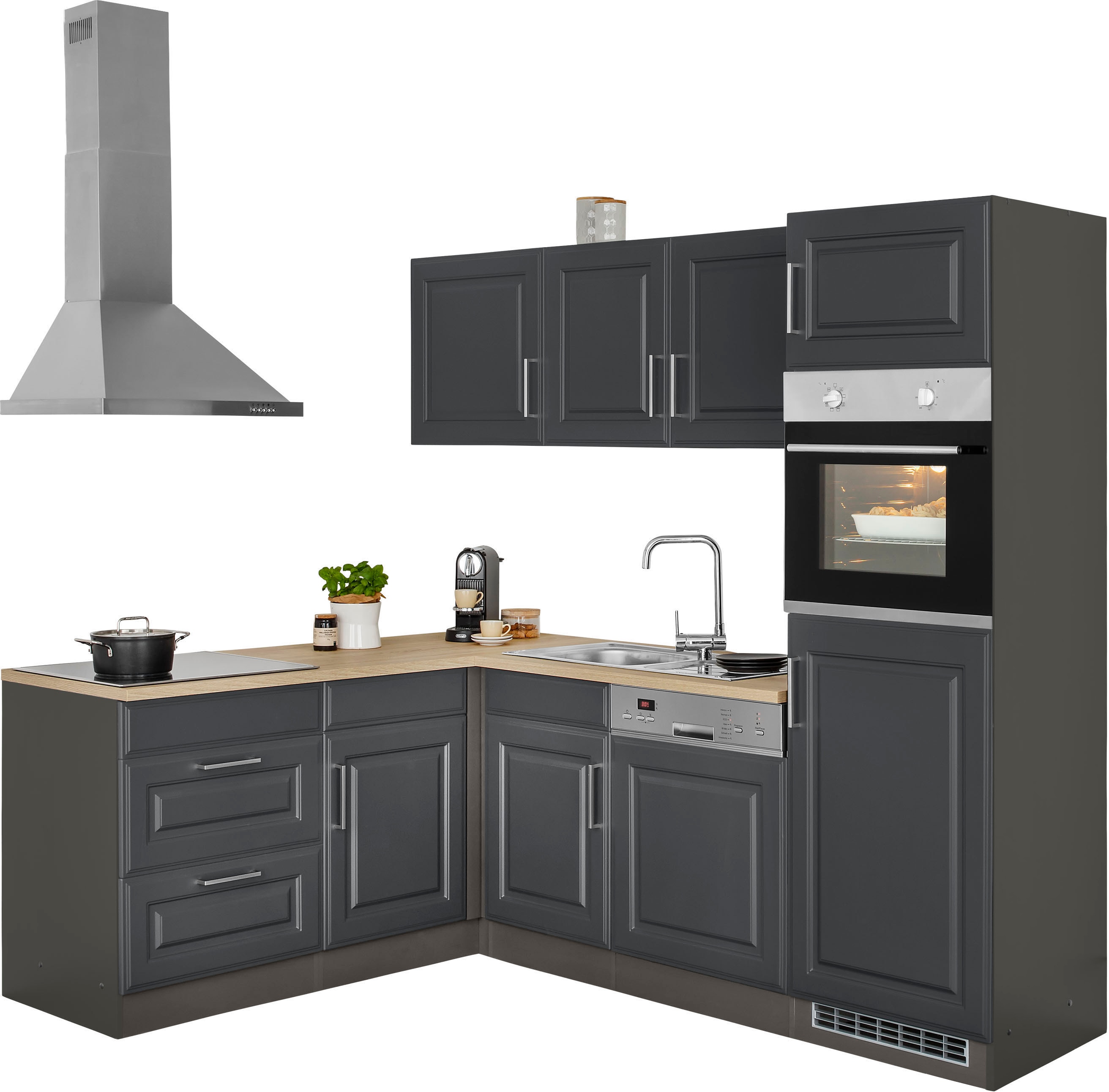 Winkelküche KOCHSTATION "KS-Stockholm", grau (küche: grau, korpus: grafit, arbeitsplatte: eichefarben), B:230cm T:170cm, Komplettküchen-Sets, L-Küche, Stellbreite 230/170 cm, mit hochwertigen MDF Fronten im Landhaus-Stil Image