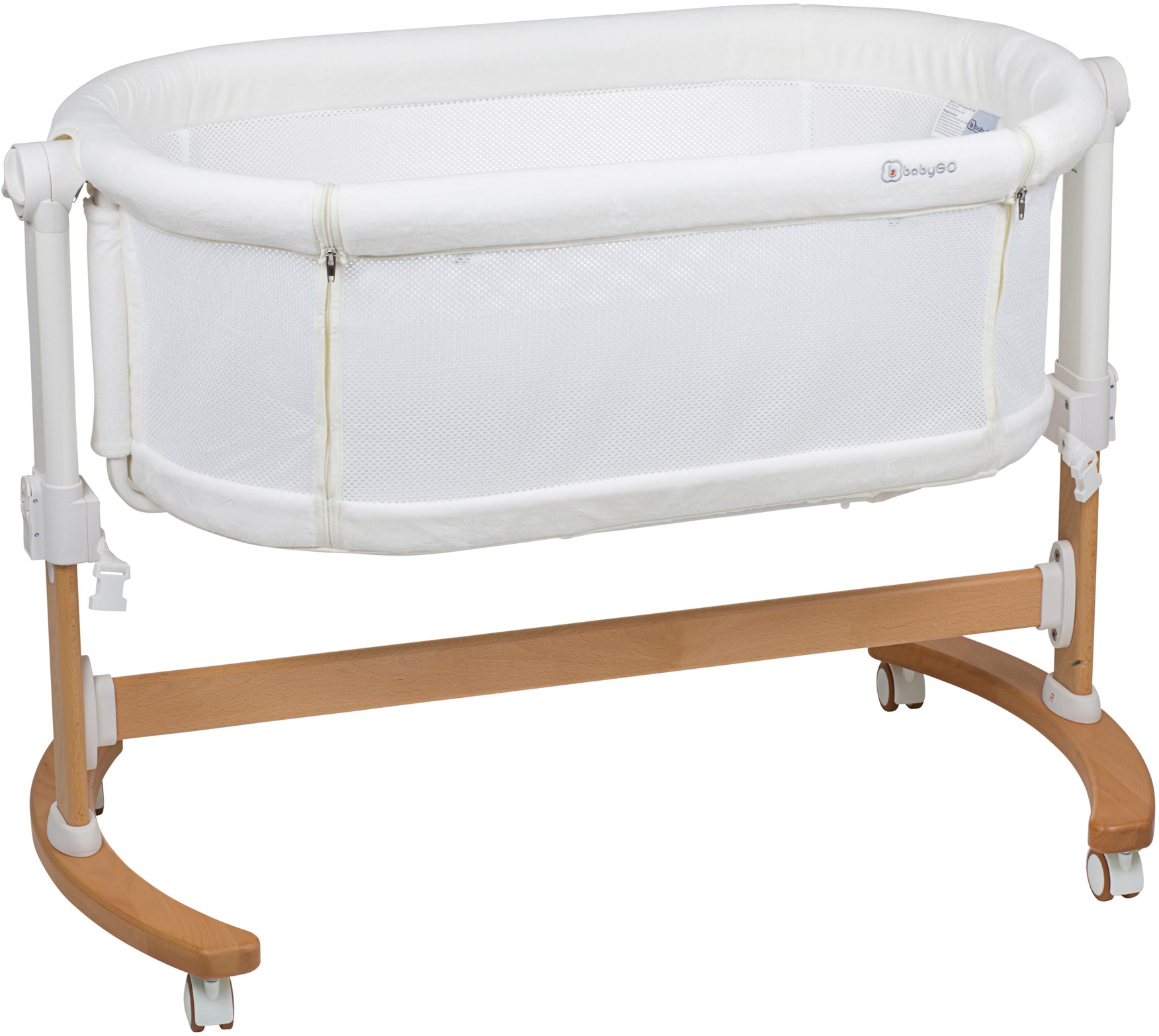 Beistellbett BABYGO "Amila, beige white", Baby, Gr. Liegefläche B/L: 55cm x 103cm, kein Härtegrad, beige (beige weiß), Kunststoff, Massivholz, Babybetten, mit Schaukelfunktion Image