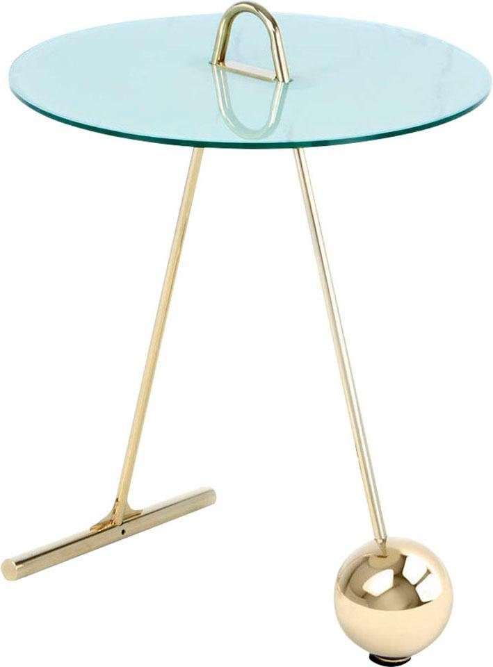 Beistelltisch KAYOOM "Pendulum 525, mit runder Tischplatte", weiß (gold, weiß), B:46cm H:60cm T:46cm, Stahl, Glas, Tische, Beistelltisch, Marmoroptik, Gestell im Pendel-Design, praktisch tragbar