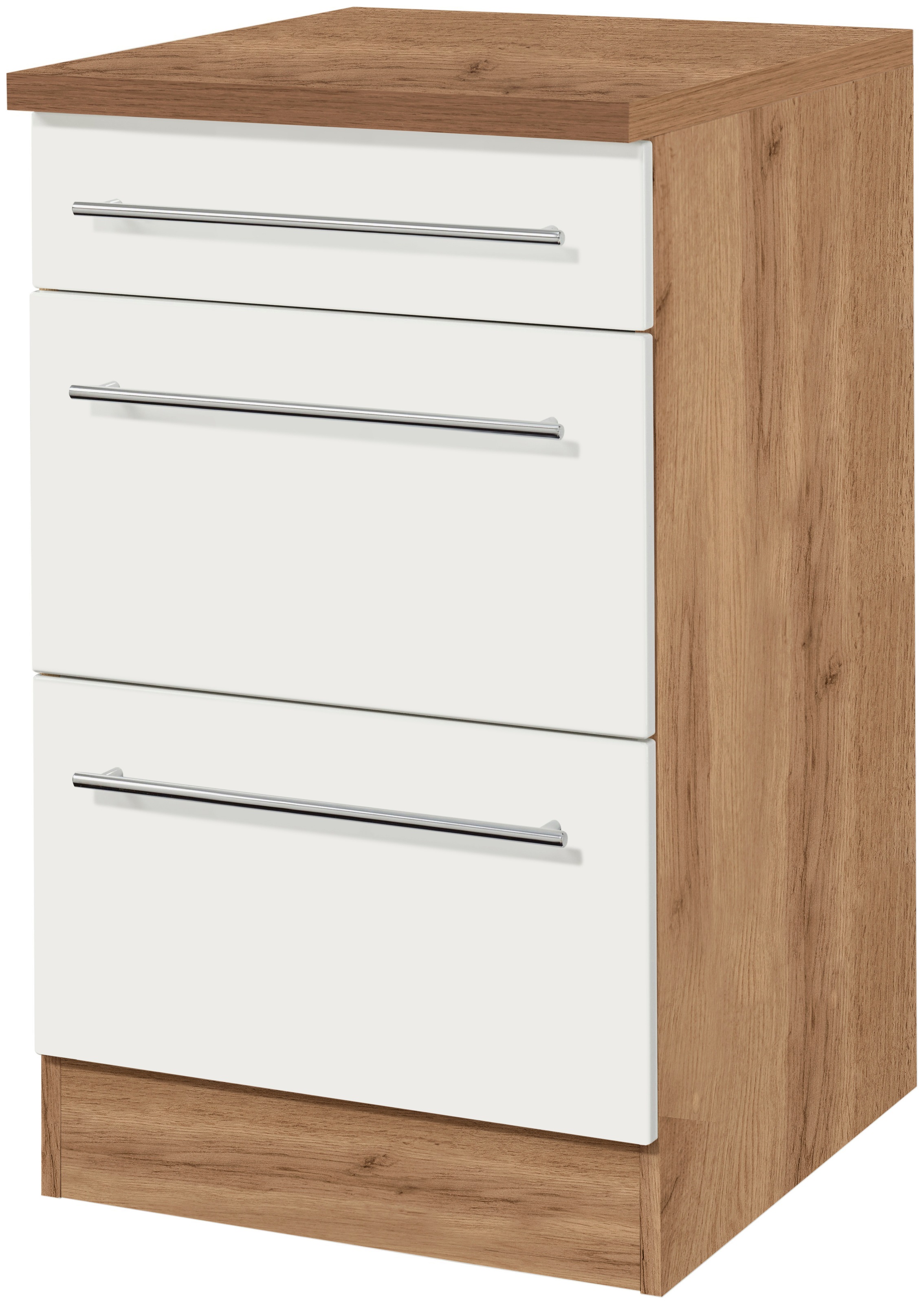 Unterschrank KOCHSTATION "KS-Wien", weiß (weiß, wotaneiche), B:50cm H:85cm T:60cm, Spanplatte, Schränke, Breite 50 cm, mit 1 Schubkasten und 2 Auszügen Image