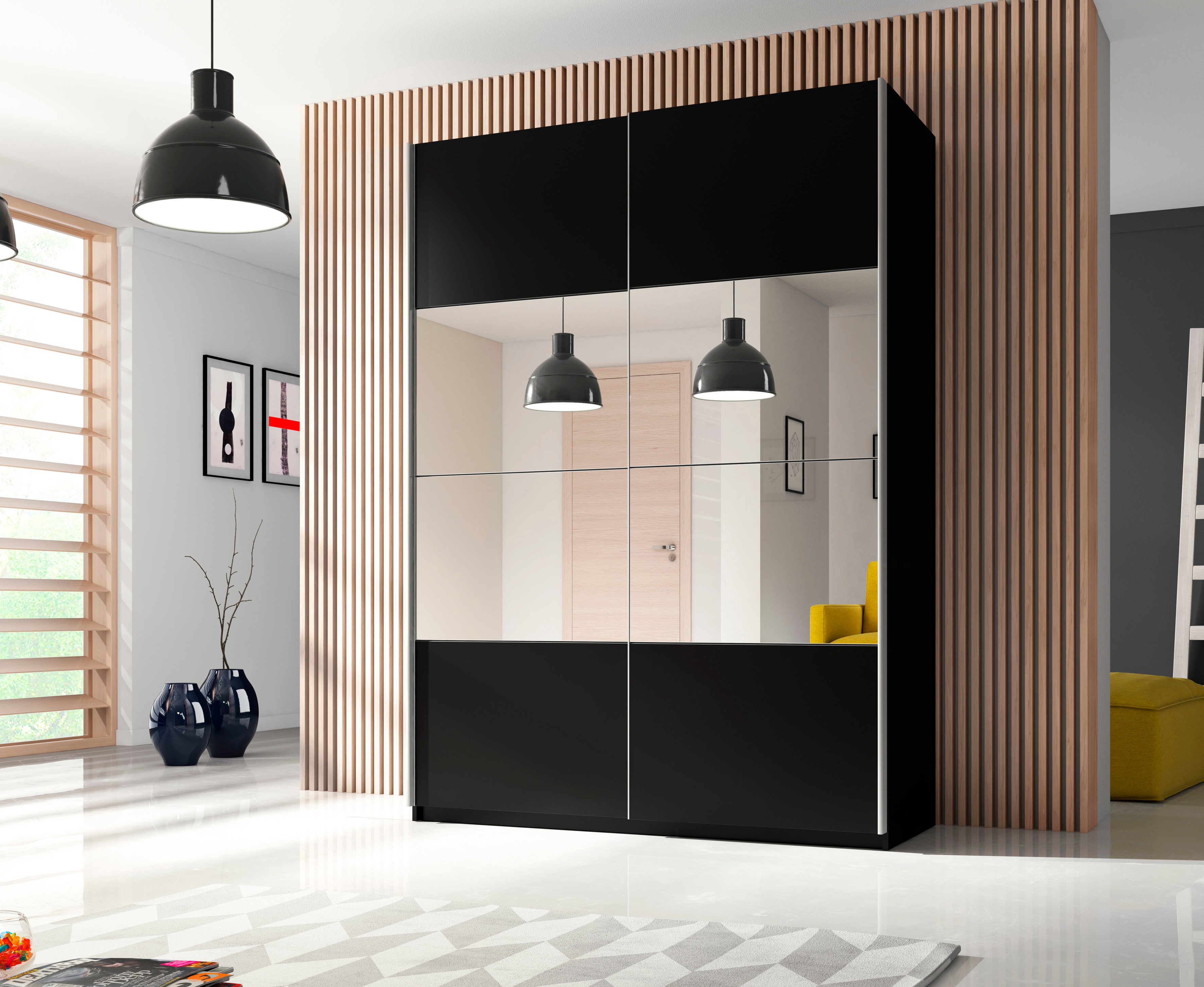 Schwebetürenschrank HOME AFFAIRE "Beta Schiebetürenschrank Kleiderschrank Wäscheschrank", schwarz, B:150cm H:210cm T:61cm, FSC-zertifizierter Holzwerkstoff, Schränke, Schwebetürenschrank, mit Spiegel, INKLUSIVE kompletter Innenausstattung, Metallgriffe