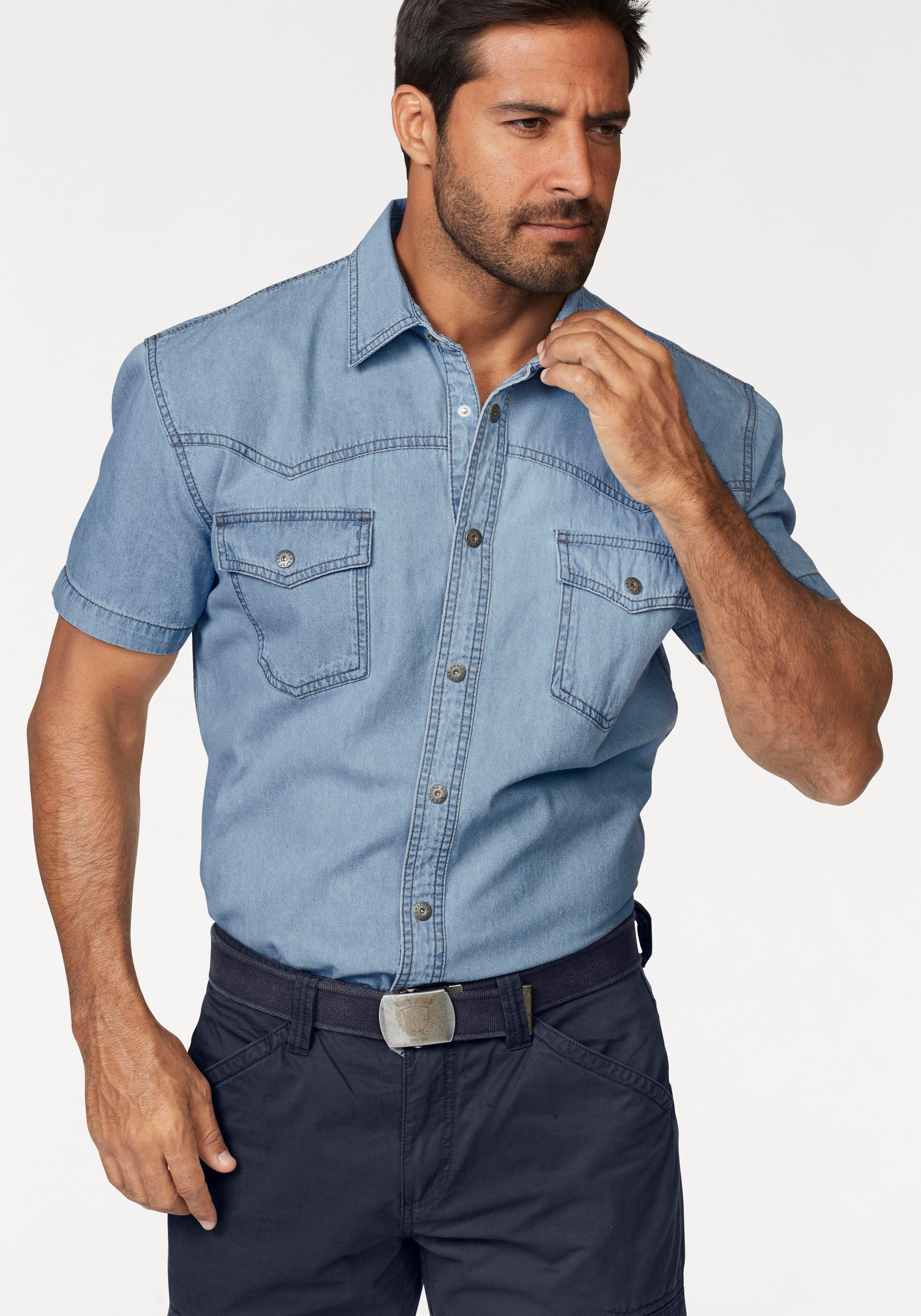 Jeanshemd ARIZONA, Herren, Gr. 51/52 (5XL), N-Gr, blau (bl. bleached), Jeans, Obermaterial: 100% Baumwolle, unifarben, Basic, normal normal, Hemden Jeanshemd, Kurzarm im Western Stil