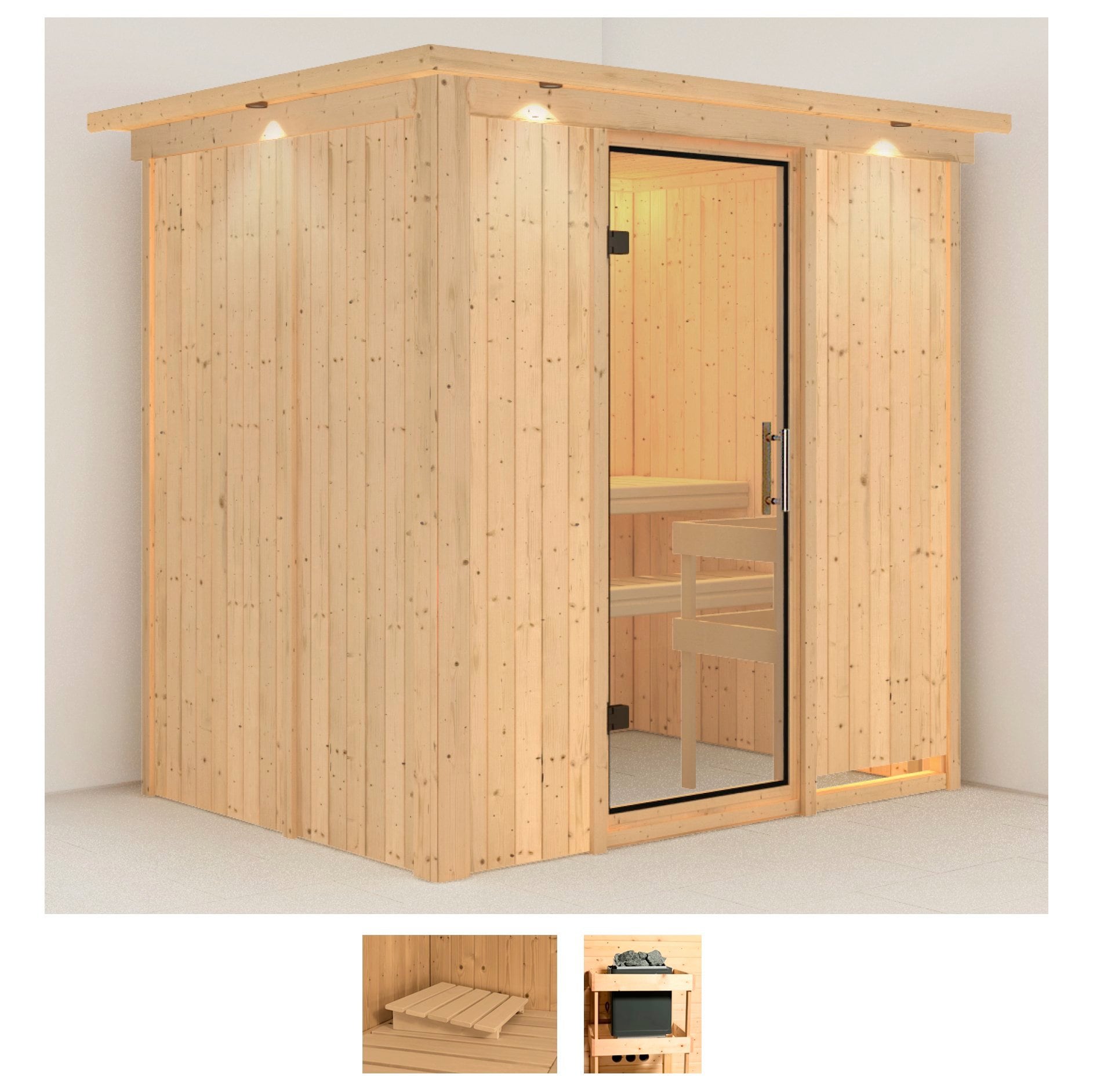 Sauna KARIBU "Finja", beige (naturbelassen), ohne Ofen, (ohne Ofen), Saunen, ohne Ofen Image