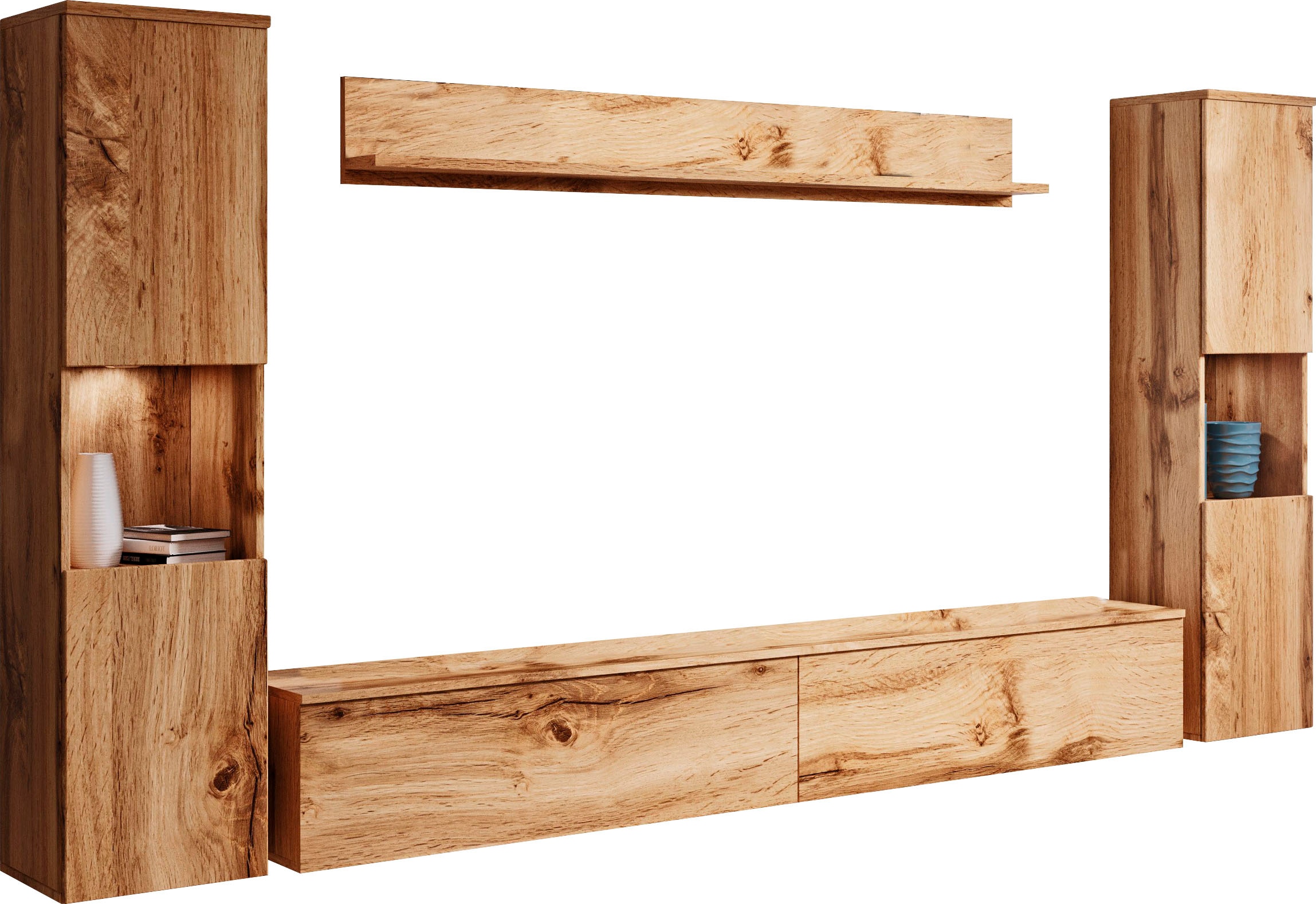 Wohnwand INOSIGN "PARIS, Vitrine Türanschlag links/rechts wechselbar", braun (eichefarbe votan, eichefarbe votaneichefarbe votan, weiß hochglanz), B:260cm H:130cm T:33cm, Hartfaserplatte, Kastenmöbel-Sets, grifflose Design, stehend und hängend...