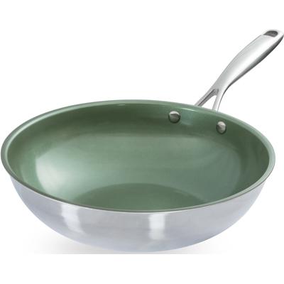 Wok JUST VEGAN "CeraVegan", grün (dunkelgrün, edelstahlfarben), B:29,5cm H:8cm L:51,5cm Ø:28cm, Pfannen, Pflanzliche Keramikbeschichtung, Induktion, Ø 28 cm Image