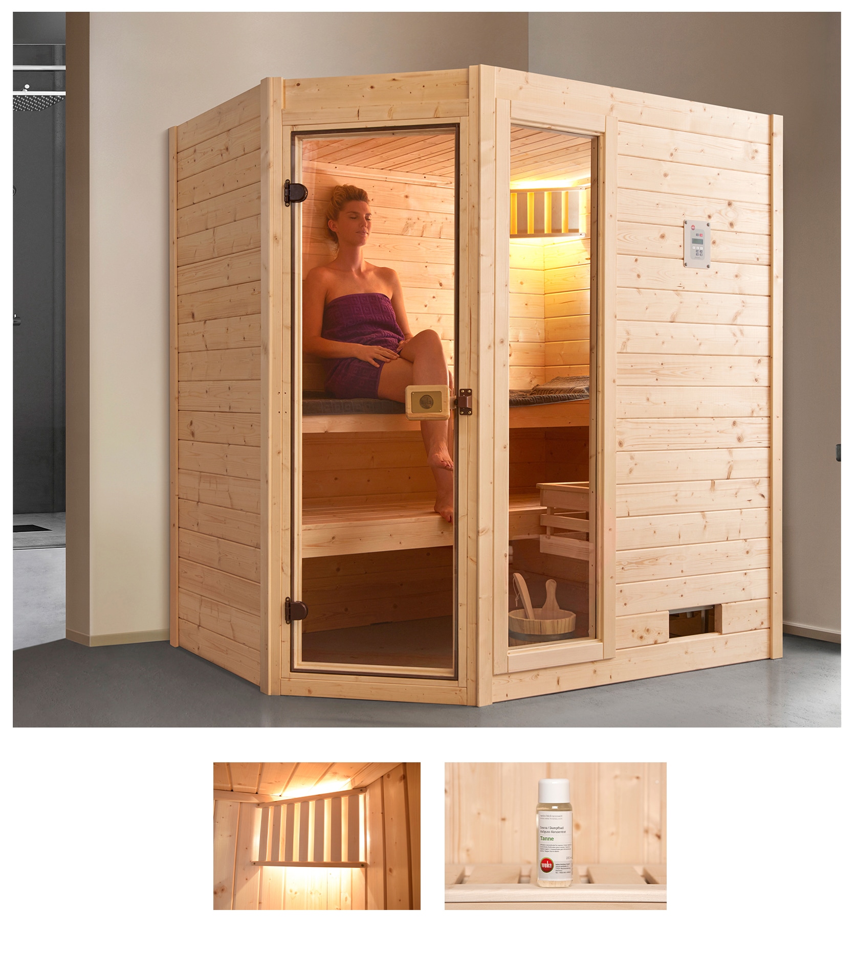 Sauna WEKA "Valida Eck 1", beige (natur), Saunaofen, integrierte Steuerung, 5,4 kW, Saunen, 5,4 kW Ofen mit int. Steuerung, mit Fenster