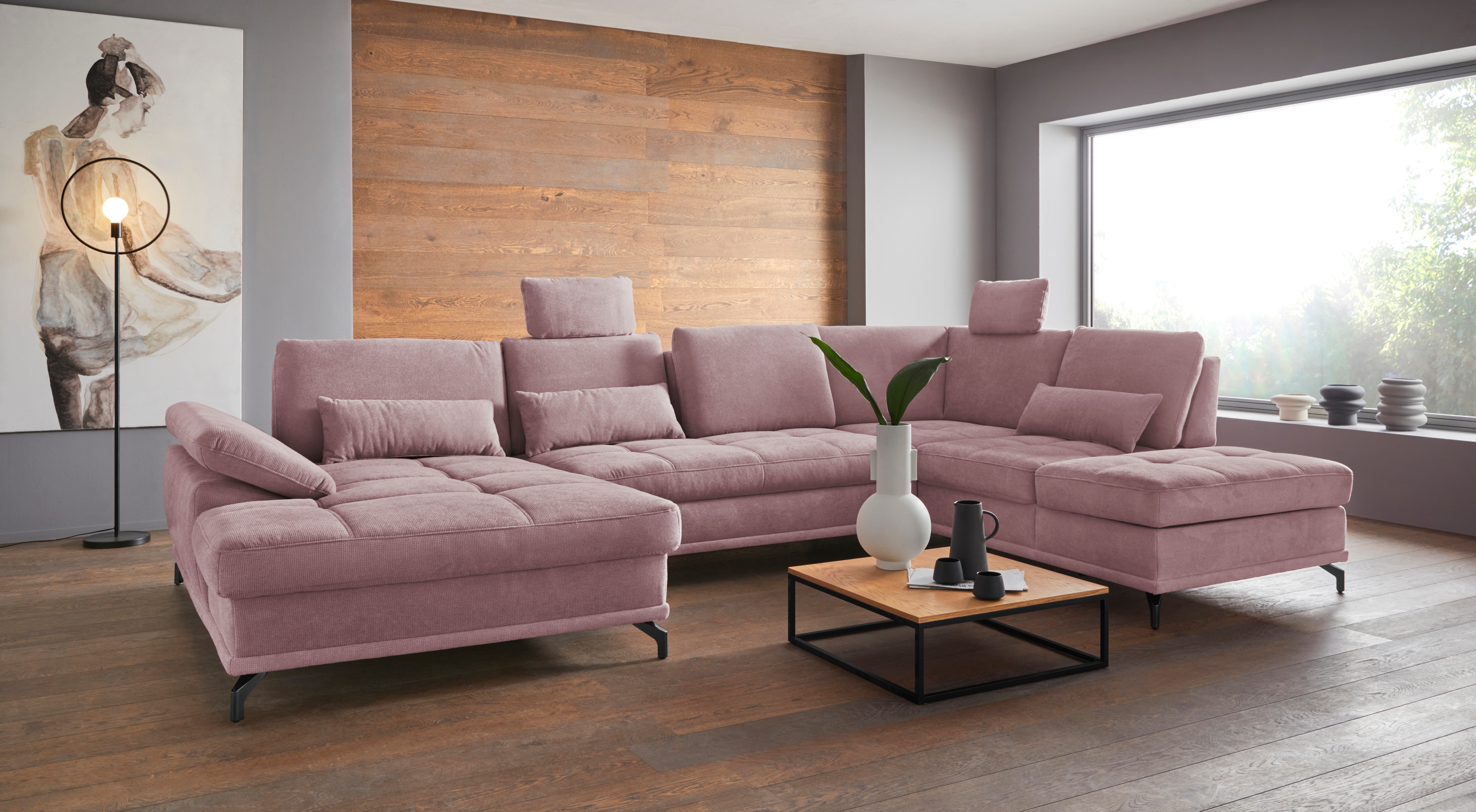 Wohnlandschaft OTTO HOME "Costello U-Form, B: 363 cm mit Sitztiefen-, Armteilverstellung &", lila (flieder), B:363cm H:89cm T:223cm, 100% Polyester;Samtoptik (100% Polyester), Sofas, Wohnlandschaft, 3 Nierenkissen, optional Bettfunktion & Bettkasten