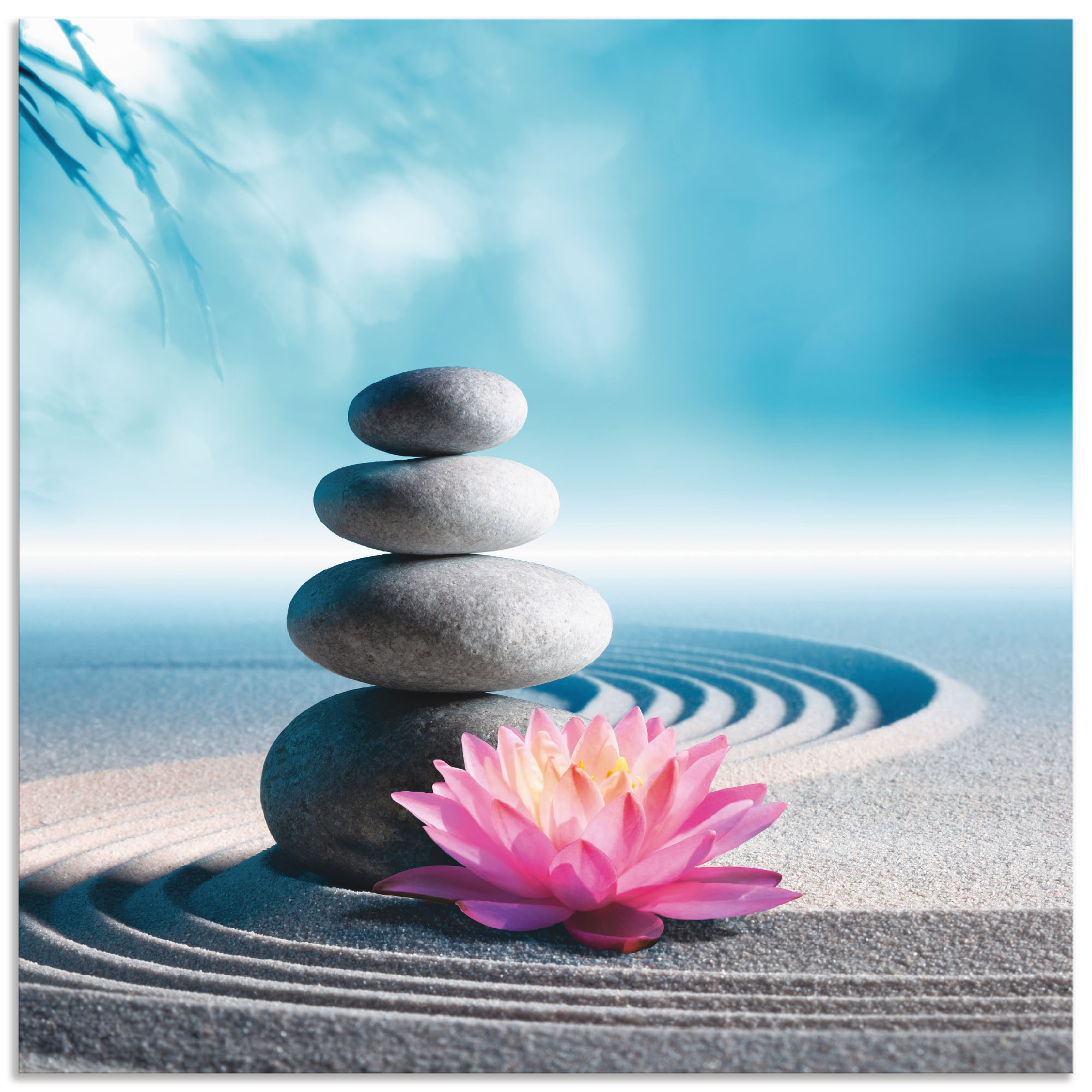 Leinwandbild ARTLAND "Sand, Lilie und Spa-Steine in Zen-Garten", blau (farbe bild(er): blau), B:50cm H:50cm, Bilder, als Alubild, Outdoorbild, Leinwandbild, Poster in verschied. Größen