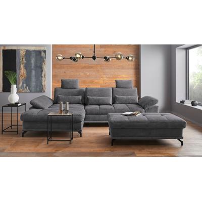 Ecksofa PLACES OF STYLE "Costello L-Form, mit Sitztiefenverstellung, Armteilverstellung und", grau, B:301cm H:89cm T:176cm, 100% Polyester, Samtoptik (100% Polyester), Sofas, 3 Nierenkissen, optional Bettfunktion und Bettkasten Image