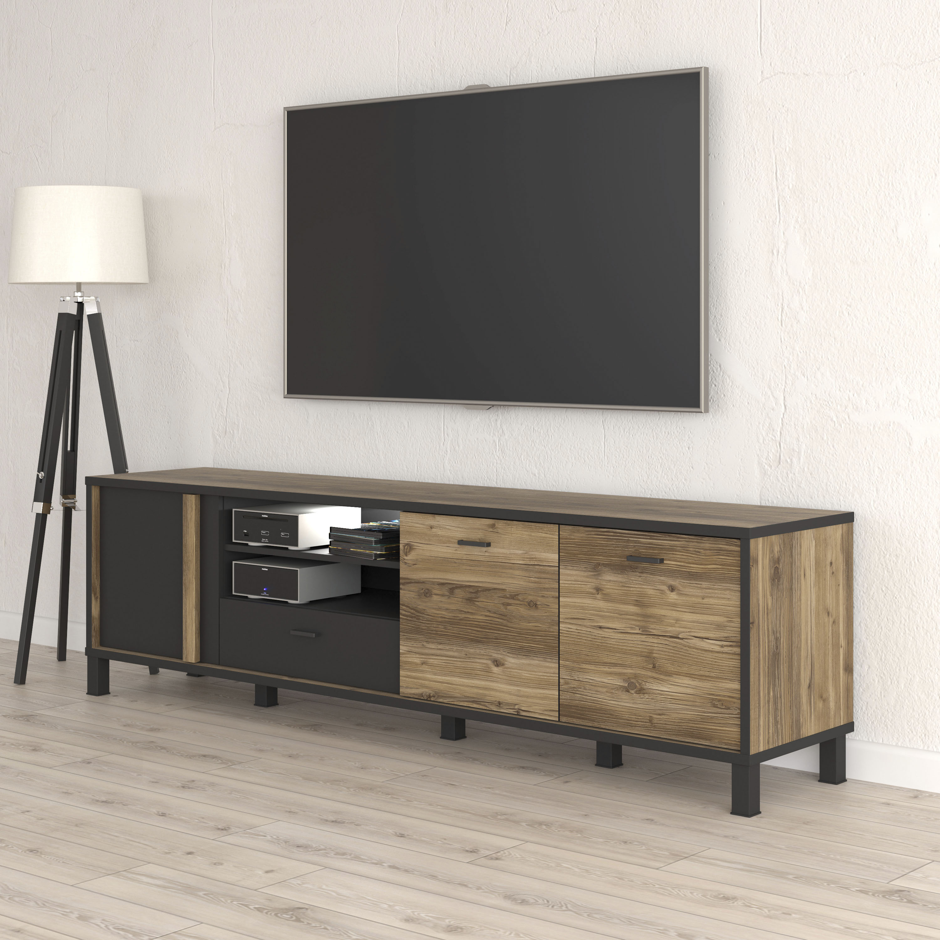 Lowboard FORTE "Hayato", beige (schwarz, alpine kiefer), B:199,2cm H:56,4cm T:42cm, Dekorfolie, FSC-zertifizierter Holzwerkstoff, Sideboards, Lowboard, TV-Schrank, TV-Board, Breite ca. 199 cm