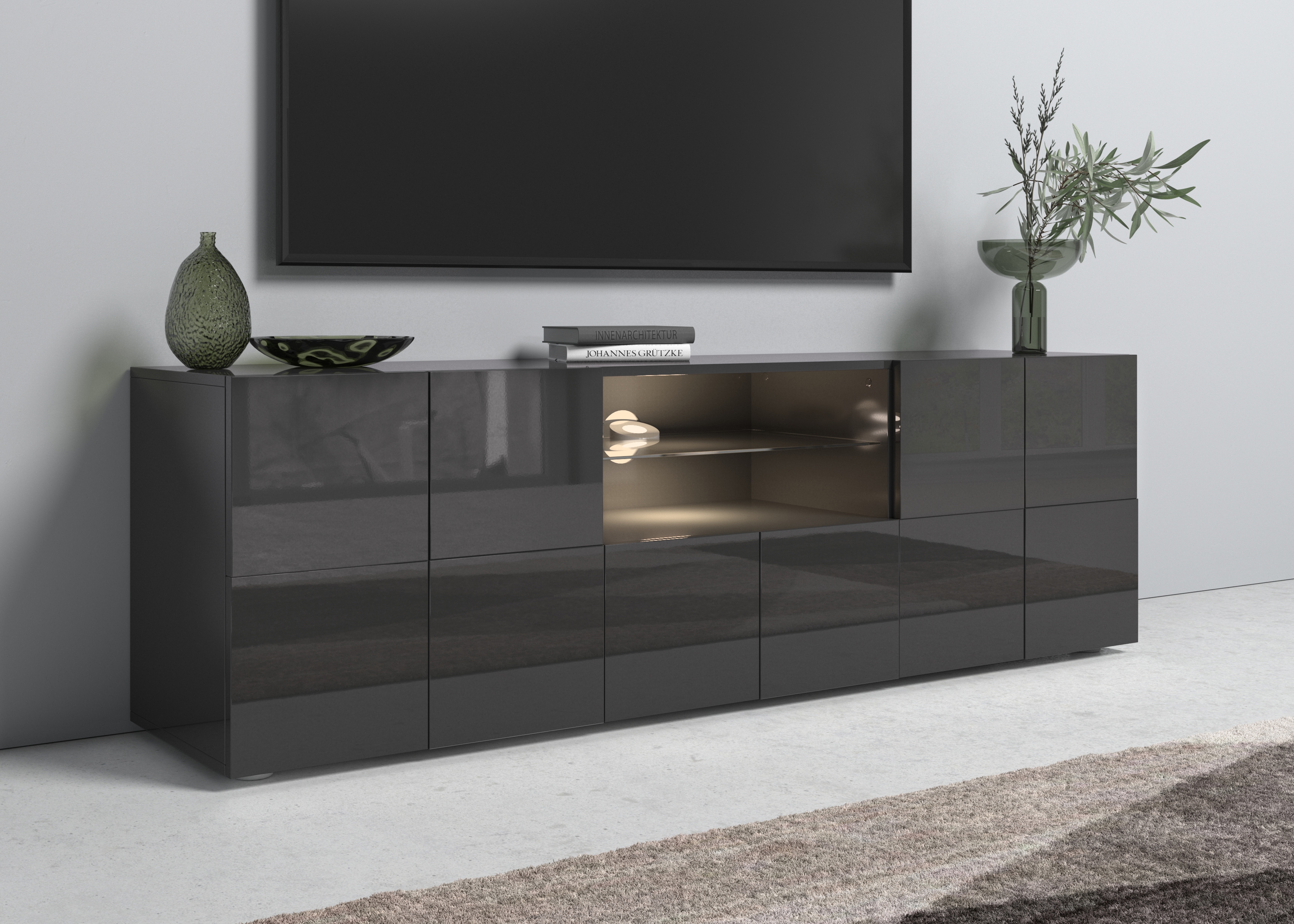 Lowboard INOSIGN "Dama Breite 181 cm, TV-Board 2 Türen, 1 Schubkasten, TV-Schrank", grau (anthrazit hochglanz lack), Sideboards, Lowboard, Front in 3D-Optik, viel Stauraum, verschiedene Farben