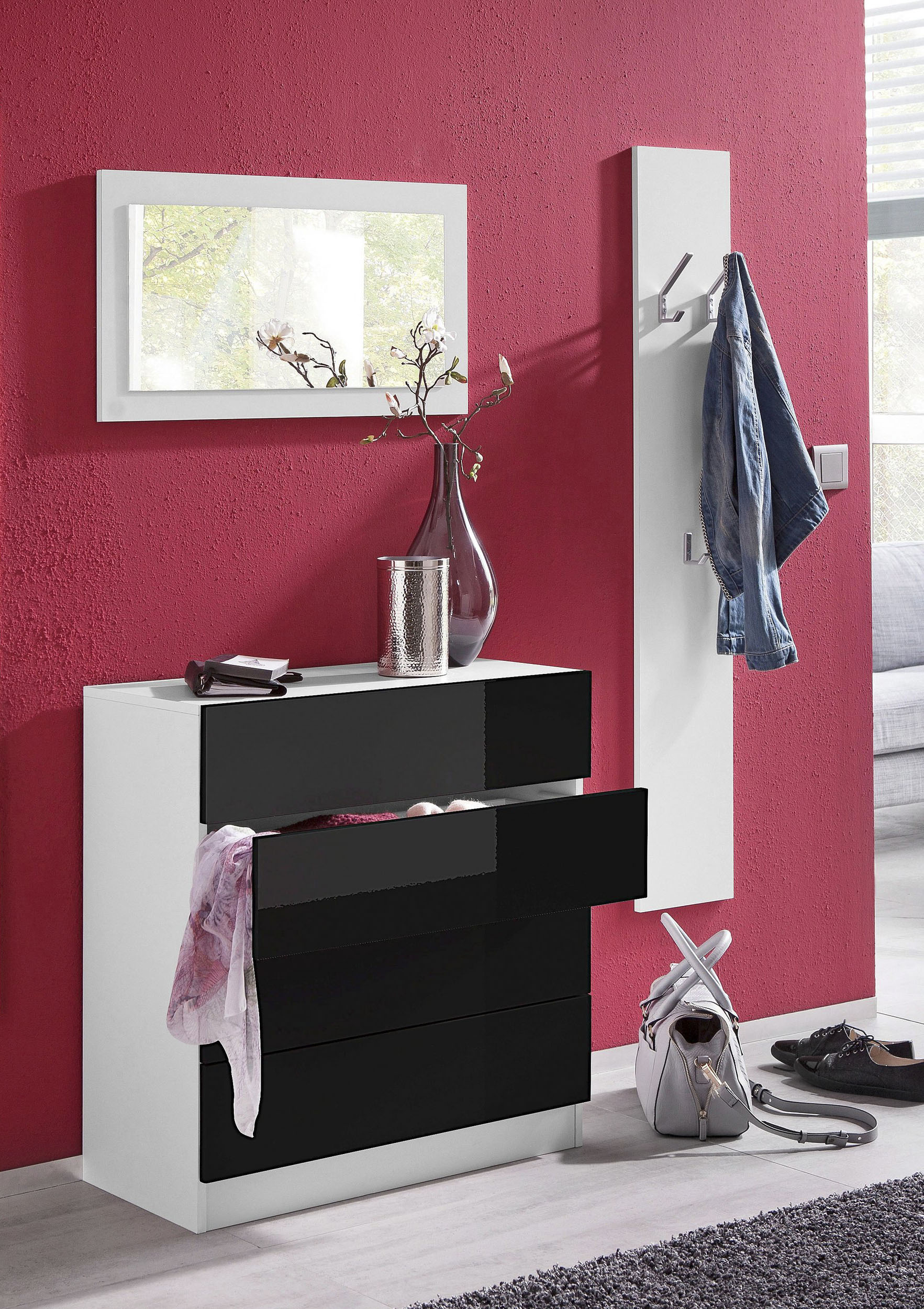 Garderoben-Set BORCHARDT MÖBEL "Vaasa 3", schwarz (weiß matt, schwarz hochglanz), Kastenmöbel-Sets, mit Push to Open-Funktion